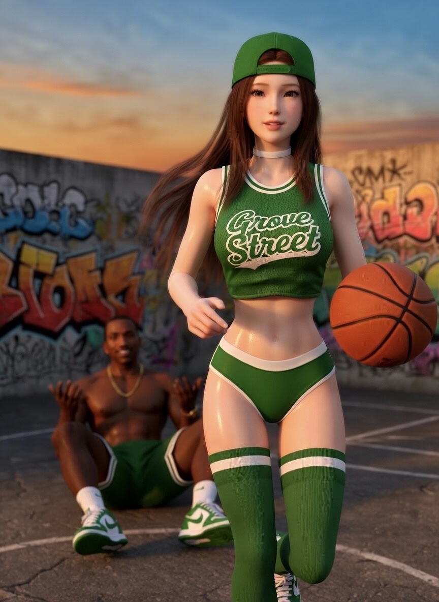 1boy1girl 1girl1boy 3d ai_art ai_generated asian_female backwards_baseball_cap backwards_cap backwards_hat basketball basketball_(ball) basketball_court basketball_jersey basketball_shorts black_male booty_shorts cap carl_johnson choker couple couple_(romantic) crossover dark-skinned_male dead_or_alive eastern_and_western_character evening fooled gangster ghetto gold_jewelry graffiti graffiti_on_wall grand_theft_auto grand_theft_auto:_san_andreas hat holding_basketball interracial jewelry kasumi_(doa) koei_tecmo kunoichi light-skinned_female long_hair los_santos muscles muscular_male ninja ninja_gaiden rockstar_games running sitting sitting_on_floor six_pack smiling smiling_at_partner socks sunset team_ninja they_playing_basketball tricked wowzerspowzers