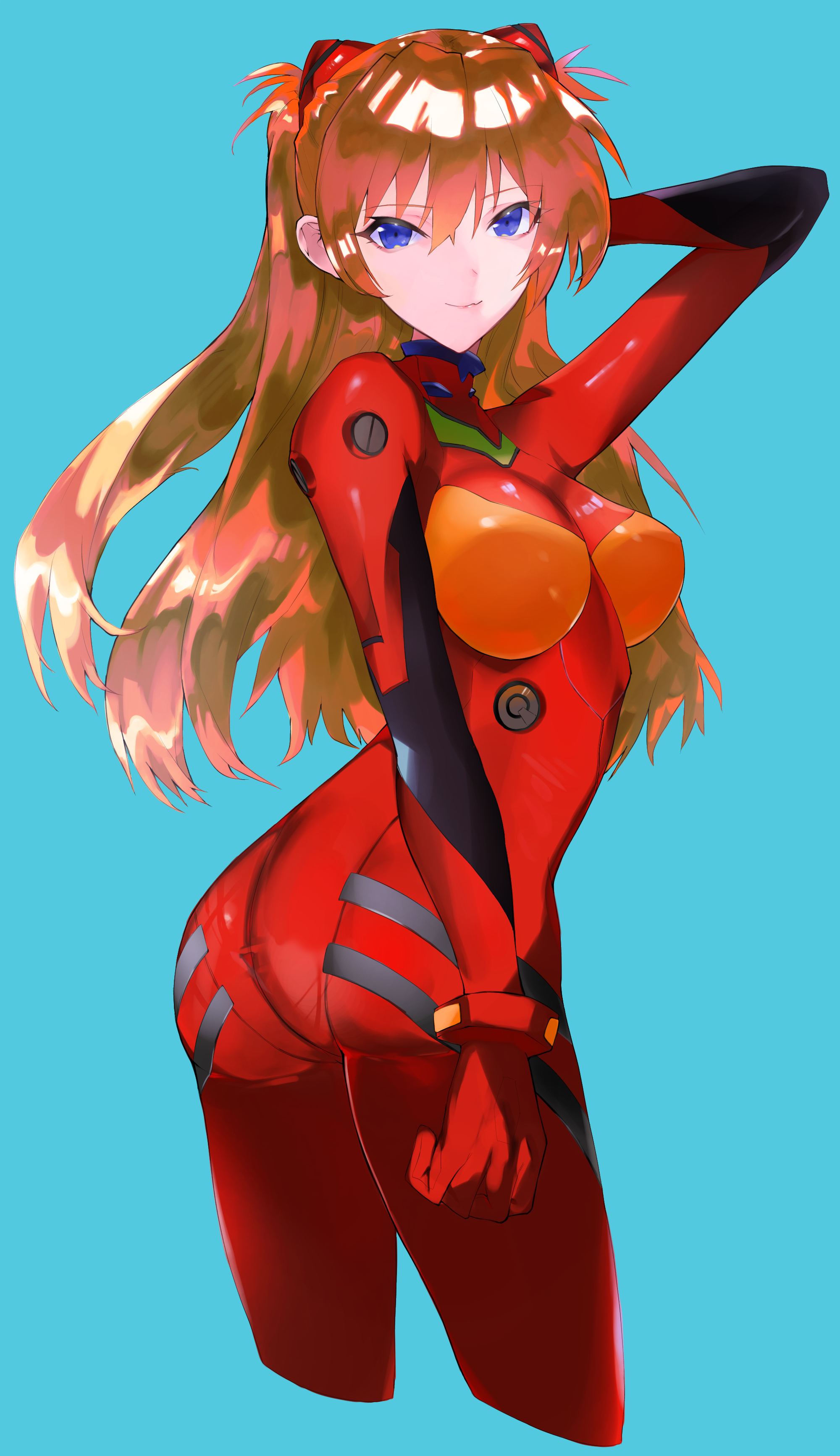 2021, arm behind head, ass, asuka langley sohryu, blue background, blue eyes, breasts, clothing, female, female only, hi res, high resolution, highres, kataku musou, long hair, looking at viewer, looking back, medium breasts, neon genesis evangelion, orange hair, plugsuit, simple background, smile, thighs, tight clothing, twintails