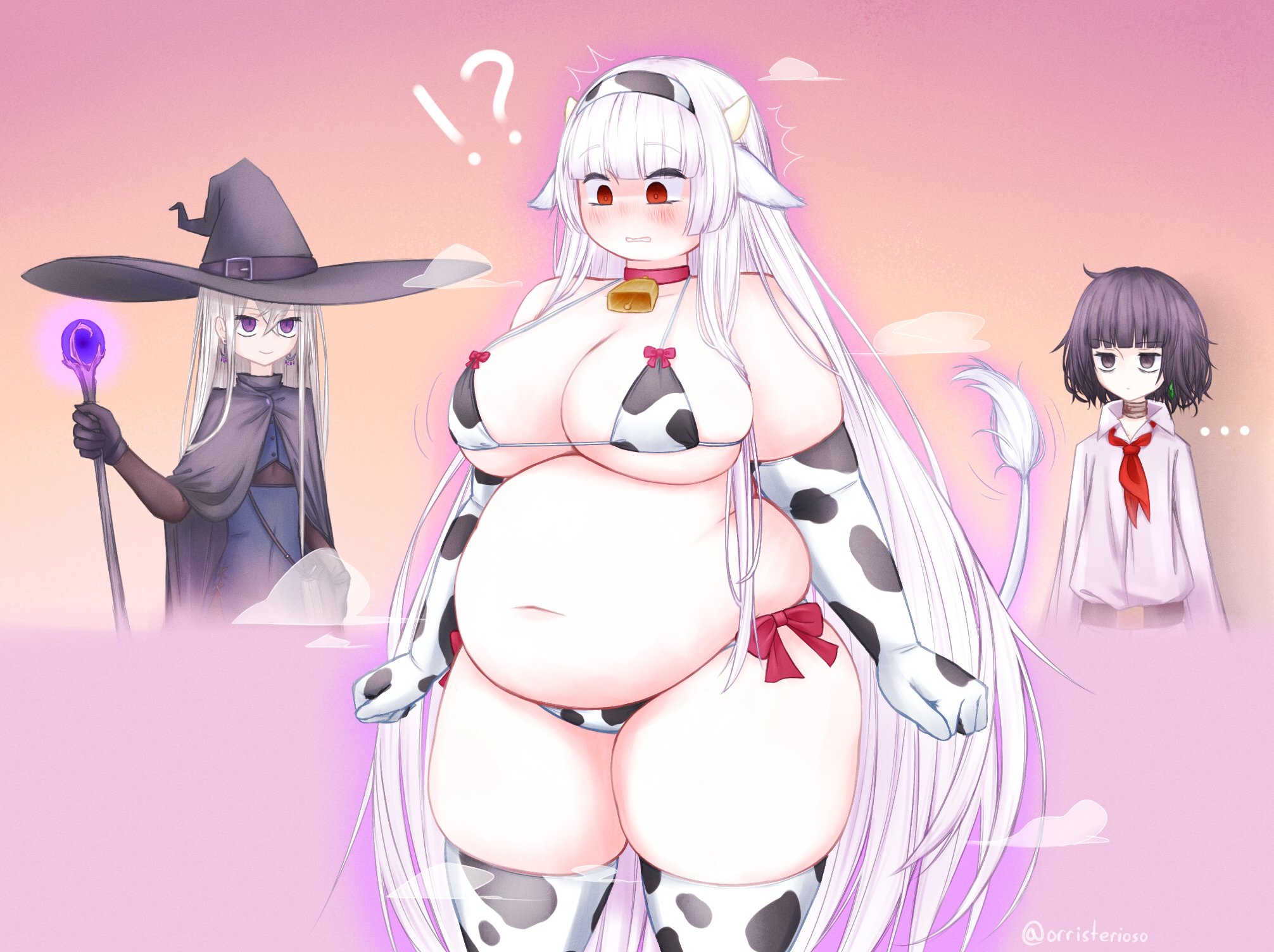 !?, armwear, belly, big belly, big breasts, blush, breasts, chubby, chubby female, cow girl, cow horns, cow print, cow tail, cowbell, female, female focus, long hair, orristerioso, thick thighs, thighhighs, thighs, watermark, weight gain, white hair