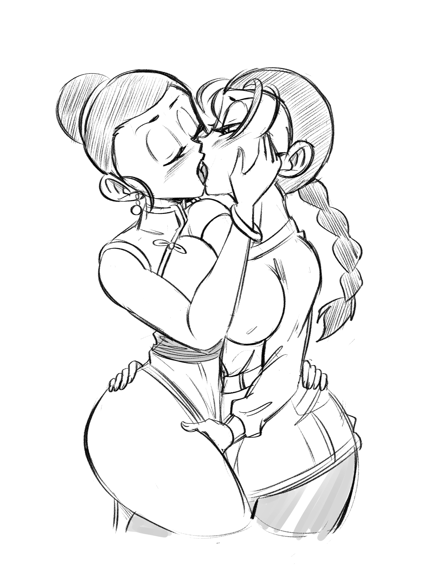 2girls, big breasts, blushing, braided hair, caressing face, chichi, chichi (majin buu saga), dragon ball, dragon ball gt, dragon ball z, eyes closed, fully clothed, funsexydragonball, hair bun, half-lidded eyes, hand on ass, hand on hip, in-lawcest, kissing, milf, monochrome, mother-in-law and daughter-in-law, time paradox, tongue, tongue kiss, videl, videl (gt saga), yuri