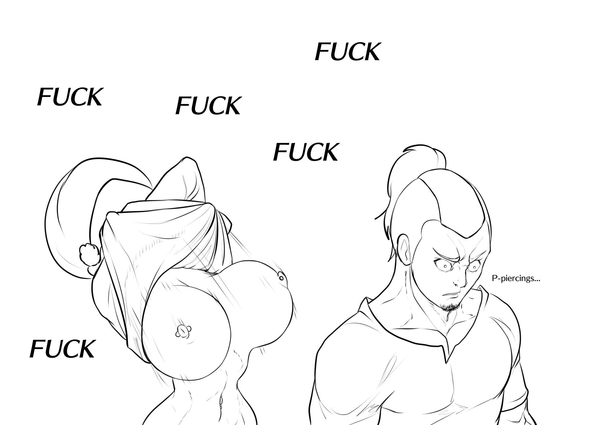 1boy, 1girls, avatar the last airbender, big breasts, black and white, brown hair, dialogue, hair bun, hair tie, hair tied up, lifting shirt, looking away, mr.russo, nipple piercing, pierced nipples, piercing, sokka, the legend of aang, toph bei fong