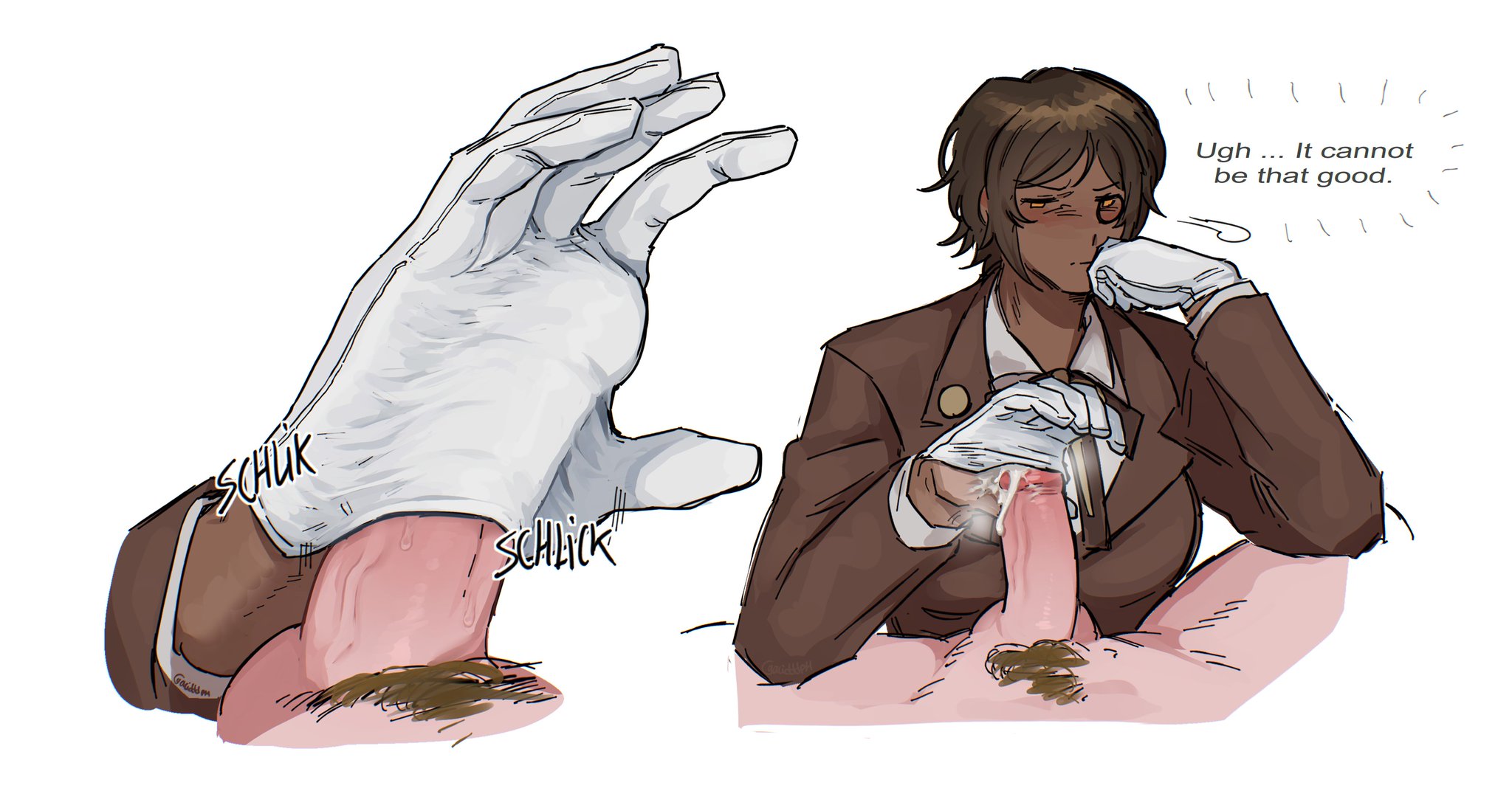 acidddph, brown body, brown hair, butler, cum, cum in glove, cum in gloves, cum inside, dialogue, disguise, disguised female, glove, gloved handjob, glovejob, gloves, limbus company, maid, outis (limbus company), penile, penis, penis out, penis vein, project moon, pubic hair, speaking, speech bubble, tagme, talking, talking to viewer, text, veiny penis, white gloves