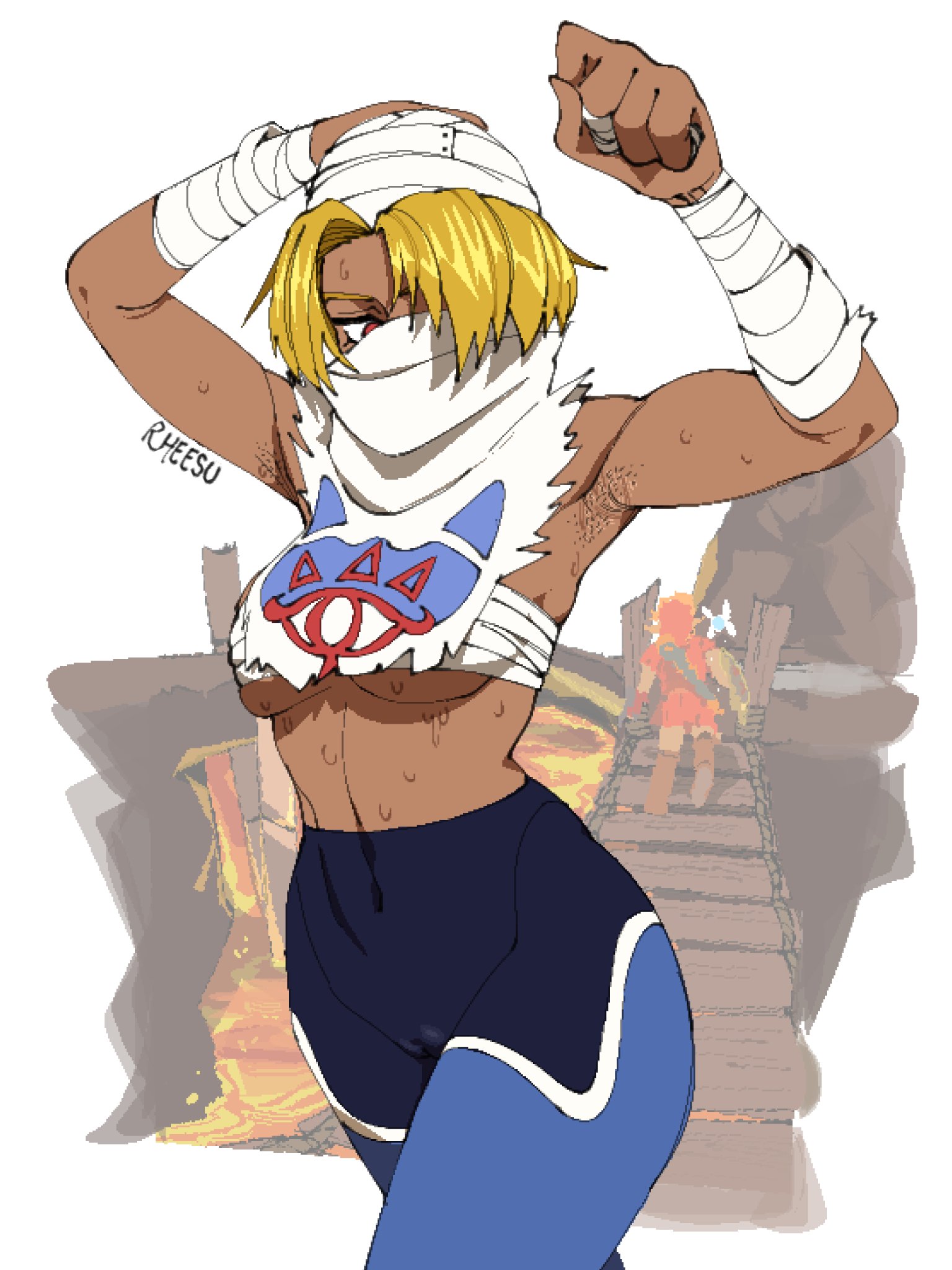 1boy, 1girl, 1girls, arm wraps, armpit hair, armpit stubble, armpits, arms up, background character, bandage, bandaged chest, blonde hair, breasts, cameltoe, chest wraps, dark skin, dark-skinned female, face mask, female, female focus, lava, link, male, medium breasts, midriff, navel, navi, ninja, ocarina of time, pants, pussy lips, pussy through clothing, red eyes, rheesu, sarashi, sheik, short hair, solo focus, stomach, sweat, sweating, tanned female, tanned skin, the legend of zelda, tight clothing, tomboy, torn clothes, underboob