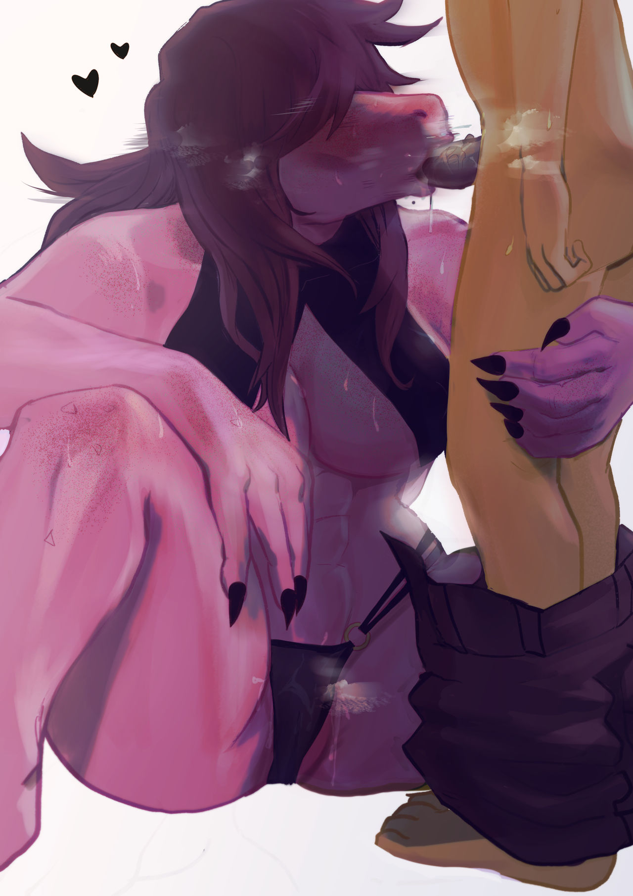 abs, anthro, anthro on human, big breasts, bikini, black nails, blowjob, cleavage, deltarune, dinosaur, dominant female, fellatio, freckles, hair covering eyes, heart symbol, inner sideboob, kris (deltarune), larger female, muscular female, pants down, partially visible vulva, pink hair, pink skin, scalie, sitting, size difference, smaller male, susie (deltarune), swimsuit, ukyu