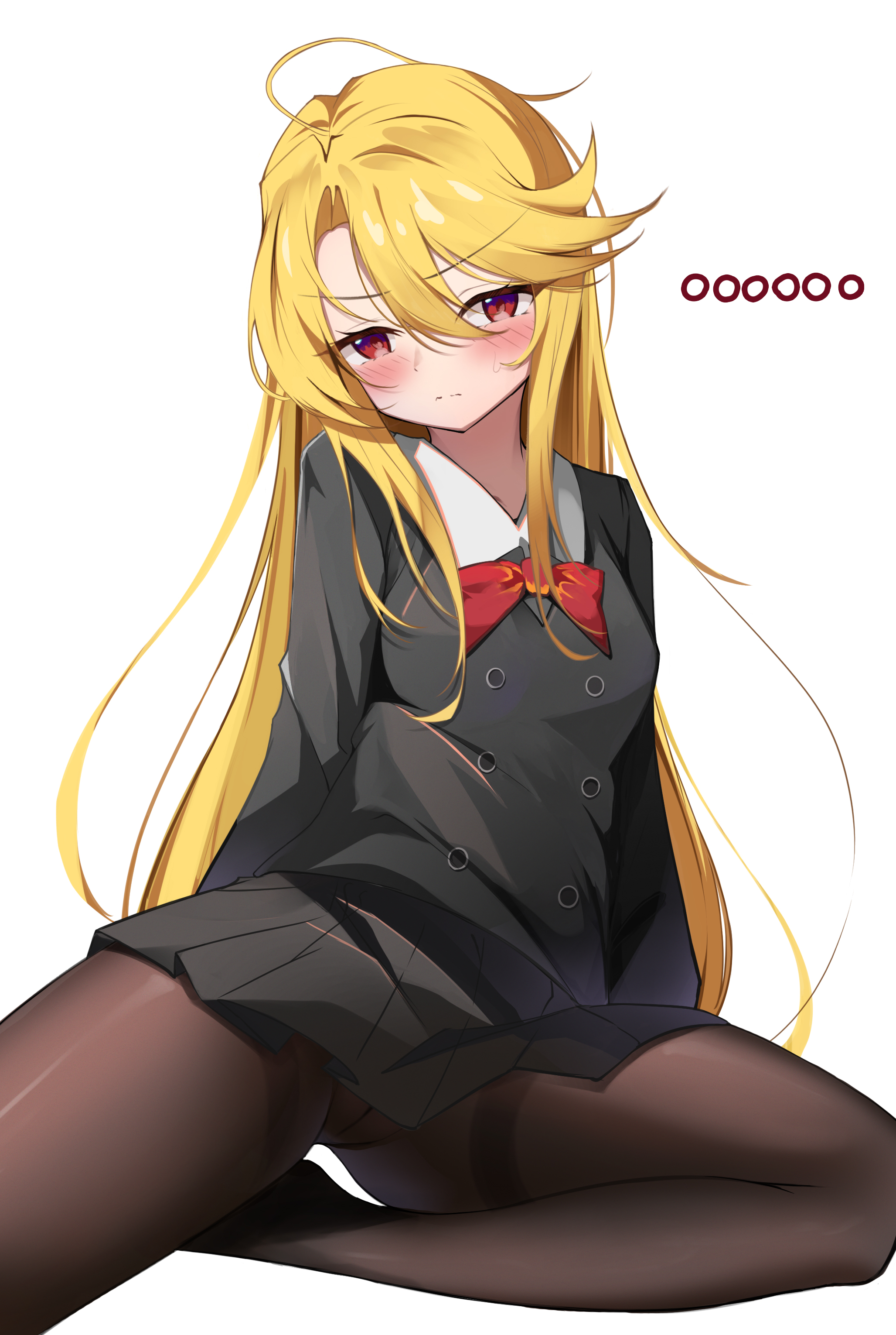1girls, black skirt, blonde hair, blush, bow, bowtie, collared shirt, don quixote (limbus company), female, kindergarten uniform, la manchaland (identity) (project moon), limbus company, limbus kindergarten uniform, long hair, nuo bai, pantyhose, pleated skirt, project moon, pussy, pussy visible through clothes, red bow, red eyes, sancho (limbus company), shirt, simple background, skirt, solo, traditional bowtie, white shirt