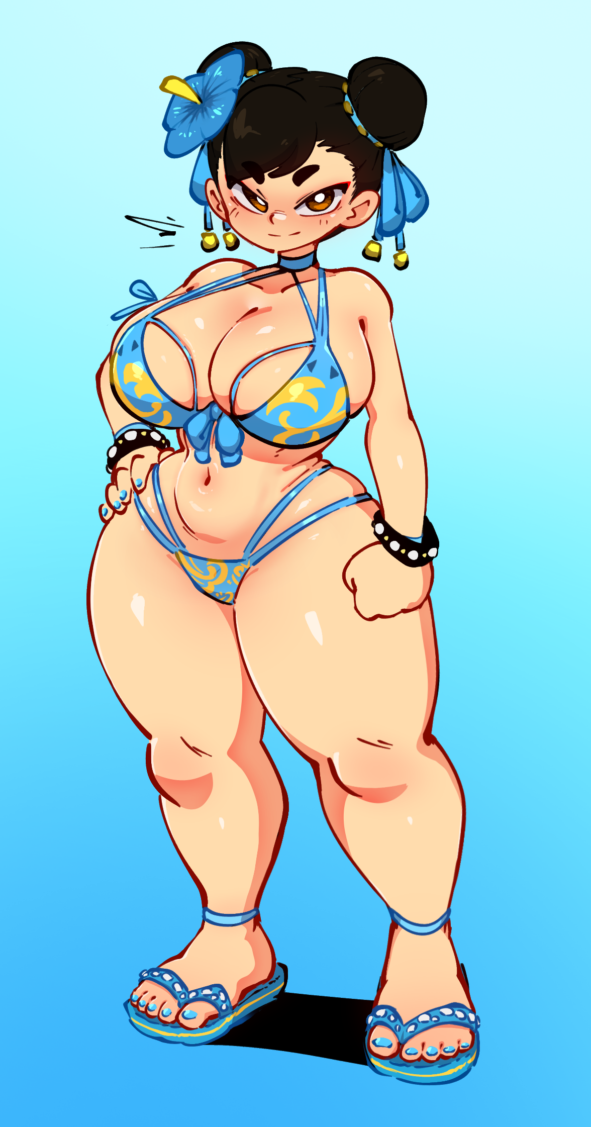 1girls, anklet, ass, big breasts, big thighs, bikini, blush, bracelet, breasts, brown eyes, brown hair, capcom, chun-li, double bun, duo, female, flip flops, flower in hair, hair ribbon, hands on hips, huge breasts, human, jellot, light skin, looking at viewer, nail polish, navel, smile, standing, street fighter, street fighter 6, suxowell, thick, thick thighs, thighs, wide hips