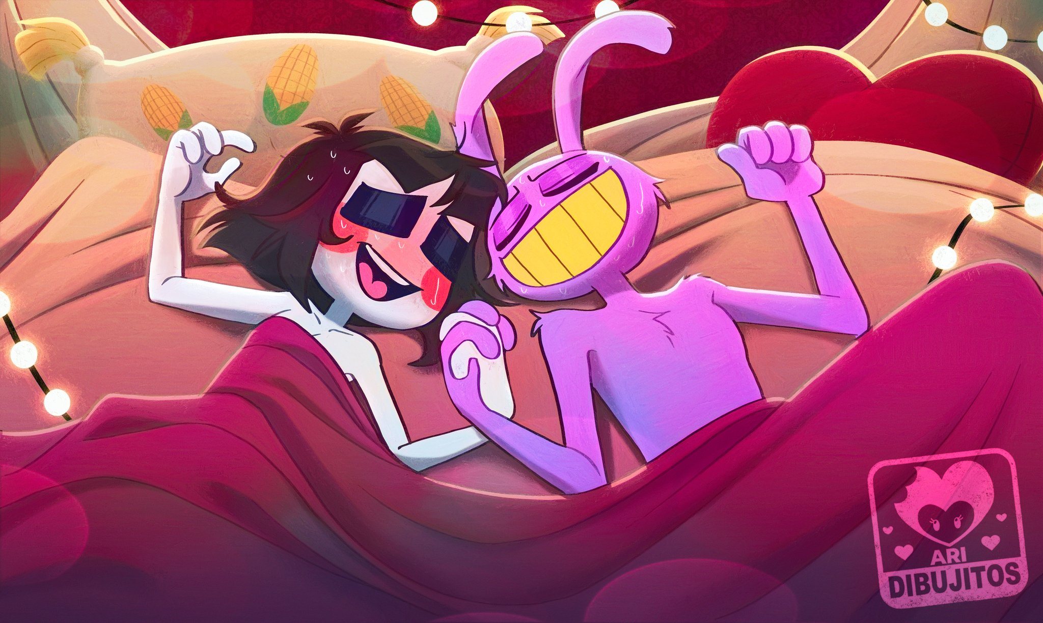1boy, 1girls, after sex, anthro, ari dibujitos, aribujitosnsfw, bed, blush, closed eyes, female, furry, glitch productions, hazbin hotel, holding hands, jax (the amazing digital circus), jester, jester girl, lagomorph, male, male/female, naked, naked female, naked male, nude, nude female, nude male, pillow, pomni (the amazing digital circus), rabbit, reference, sweat, teeth, the amazing digital circus, wholesome