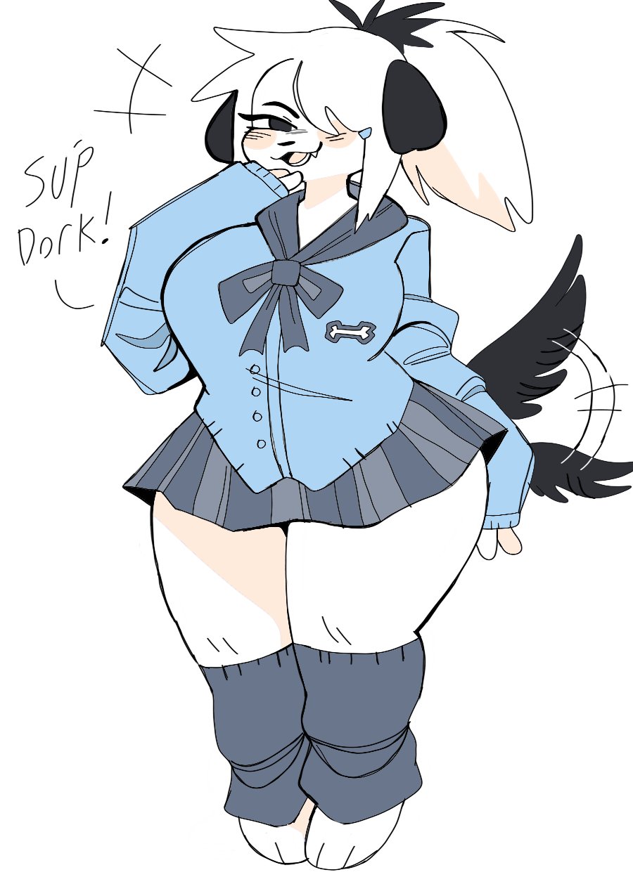 anthro big_breasts breasts canid canine canis clothed clothing dialogue english_text female fur furry furry_only pepper_(puppychan) puppychan tagme tail text thick_thighs