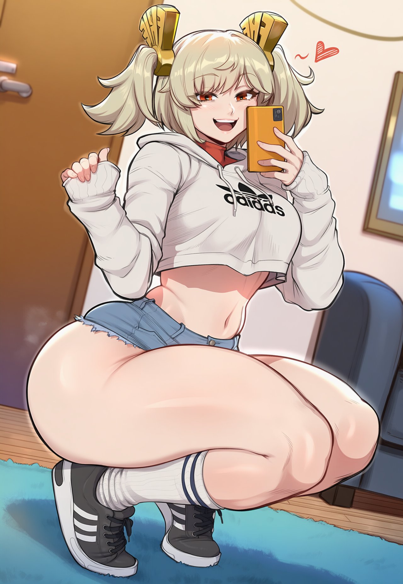 1girls, adidas, adidas logo, ai generated, blonde hair, burnice white, clothed, dijiai, female, hair, light skin, light-skinned female, medium hair, orange eyes, phone, selfie, short shorts, shorts, smile, smiling, solo, solo female, thick thighs, thighs, zenless zone zero