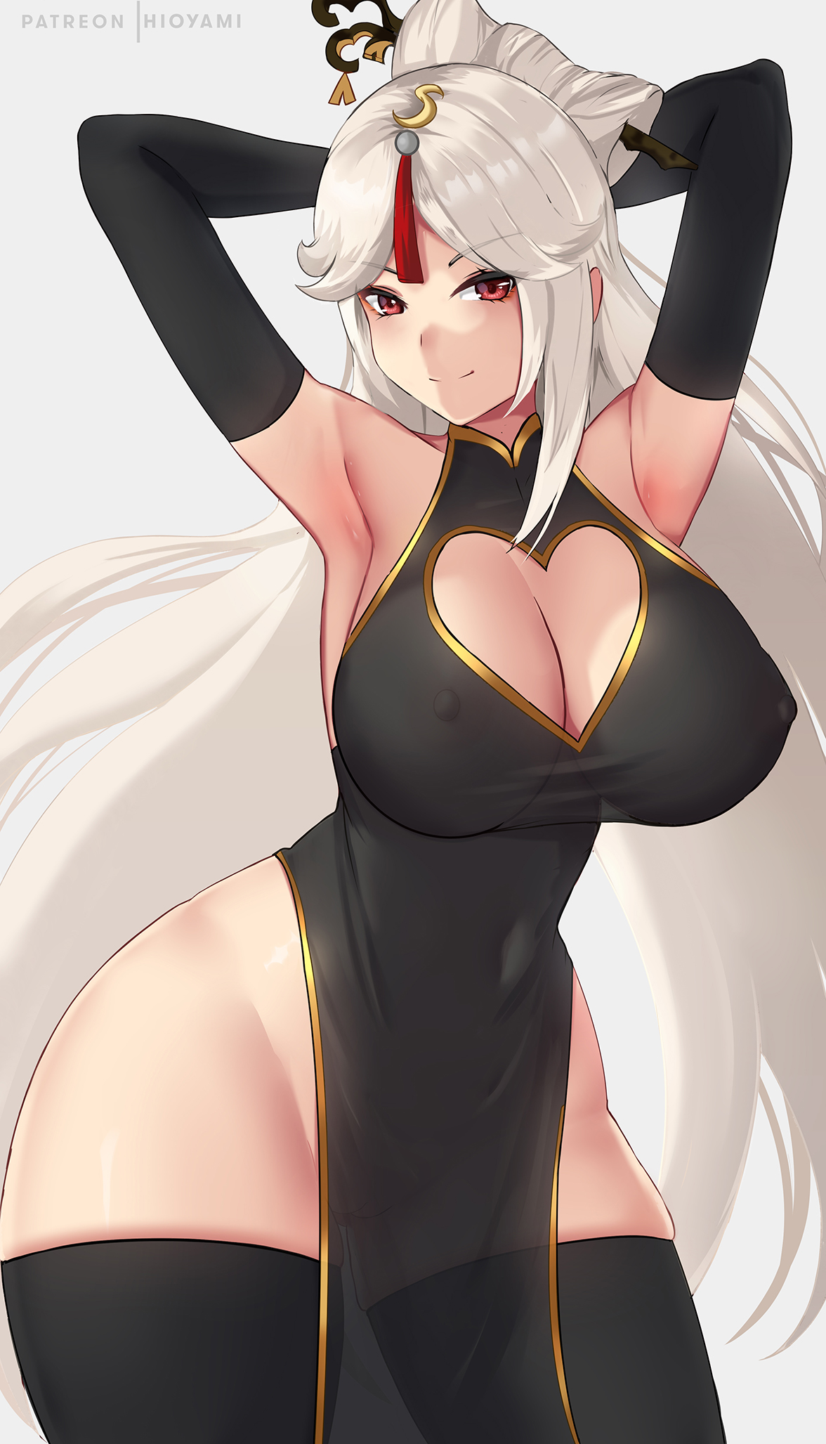 1girls, 2021, armpits, arms behind head, arms up, artist signature, belly button, black dress, black thighhighs, breasts, cleavage, cleavage cutout, dress, erect nipples, erect nipples under clothes, female, female only, genshin impact, hair ornament, hioyami, hips, huge breasts, light blush, long hair, looking at viewer, ningguang (genshin impact), nipples, red eyes, side slit, simple background, slim waist, smile, thick thighs, thighhighs, thighs, tight clothing, tight dress, tight fit, very long hair, white background, white hair, wide hips