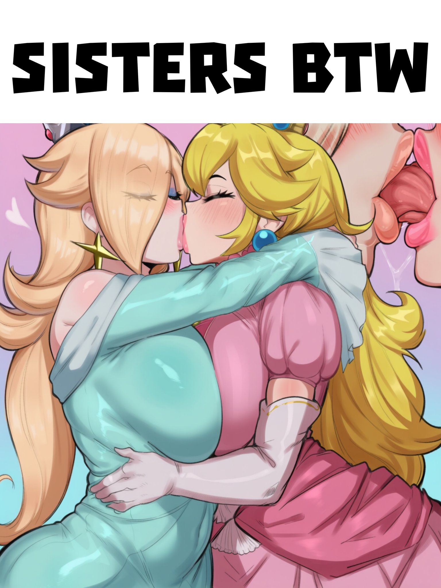 2girls, ai generated, ass, breasts, female, female focus, female only, incest, kissing, large ass, large breasts, lesbian kiss, light skin, light-skinned female, looking at viewer, looking back, mario (series), princess peach, princess rosalina, rayasox, thick thighs, thighs, wide hips, yuri