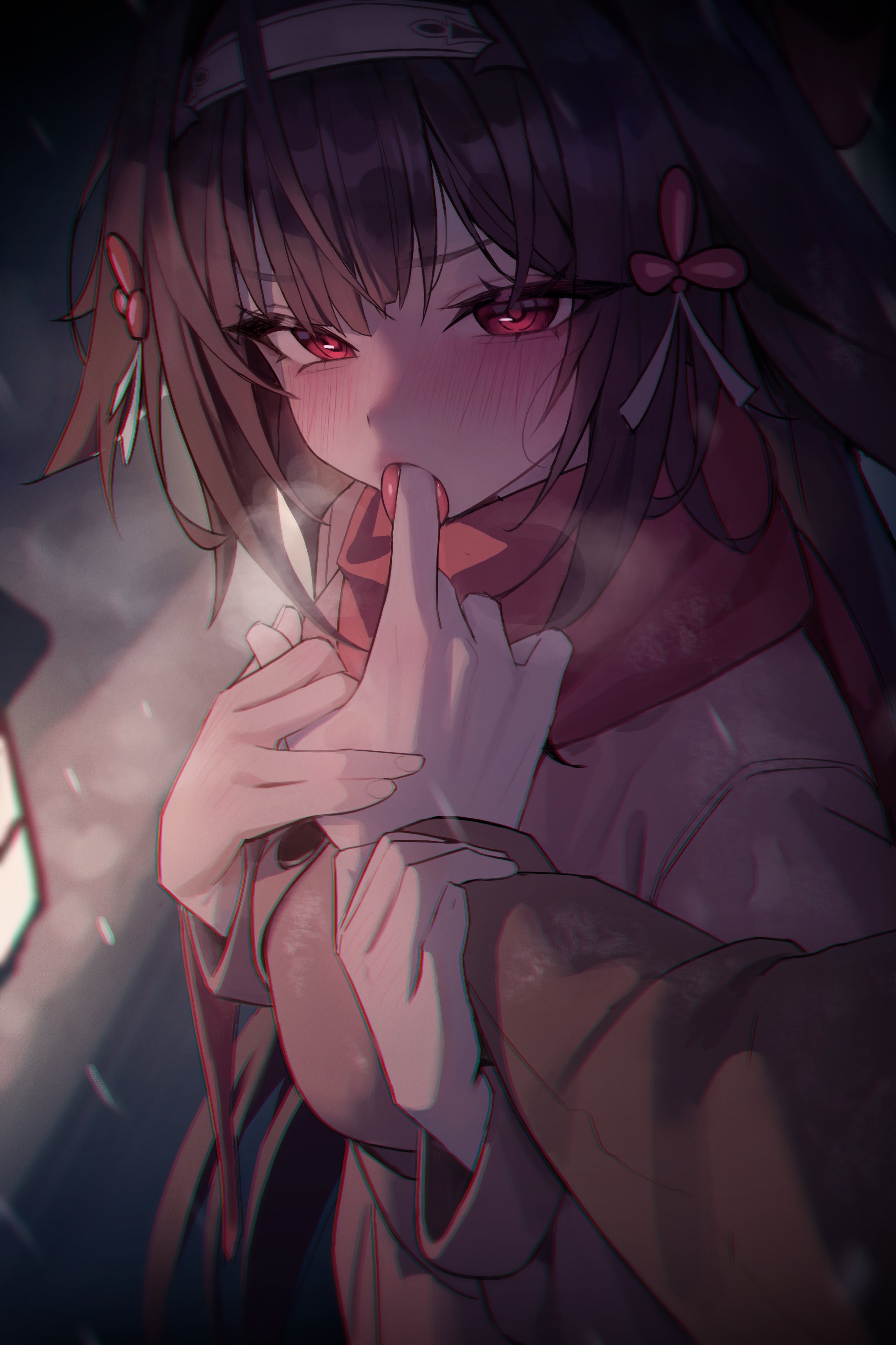1girl, 2d, blushing, female, female focus, finger in mouth, fingers, hyuk (yeayeo), looking at viewer, male pov, mouth play, red eyes, tongue, tongue out, wise (zenless zone zero), ye shunguang, ye shunguang(zenless zone zero), zenless zone zero