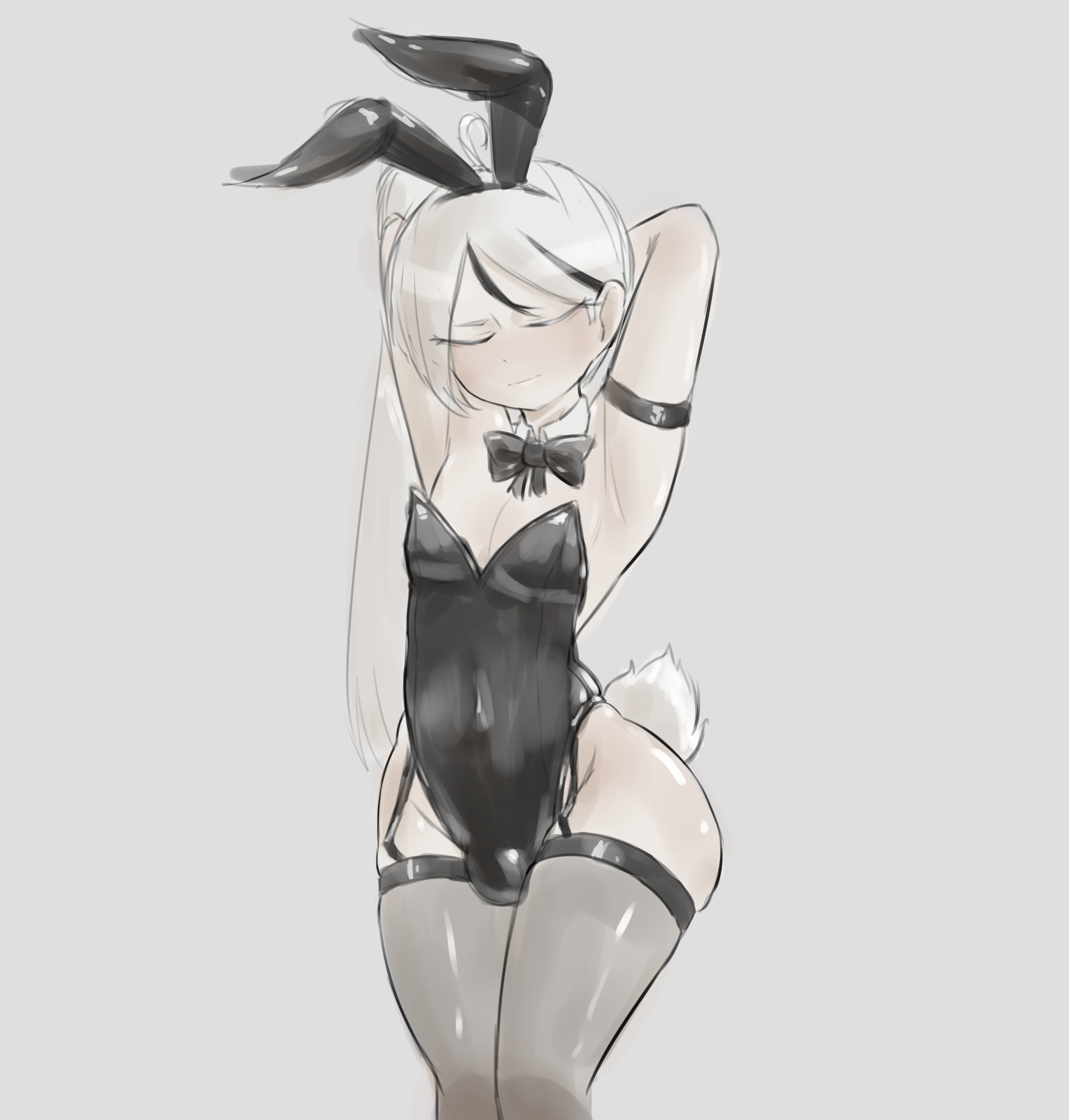 1boy, androgynous, armpits, arms up, big ass, blush, bulge, bulge through clothing, bunnysuit, femboy, huge ass, library of ruina, playboy bunny, project moon, solo, unsafetas, yan (library of ruina), yan vismok