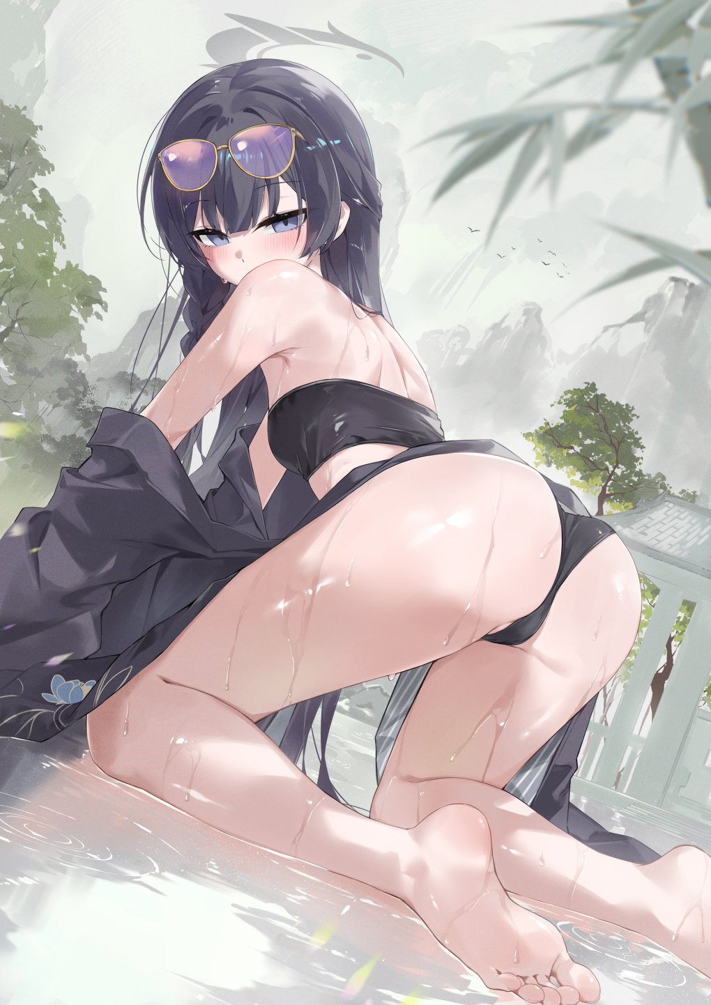 1girl, all fours, ass, ass focus, bare shoulders, barefoot, bikini, black bikini, black hair, blue archive, blush, braid, breasts, commentary request, dema hmw, eyewear on head, female, female only, from behind, genryumon (blue archive), halo, highres, kisaki (blue archive), kisaki (swimsuit) (blue archive), light skin, light-skinned female, long hair, looking at viewer, looking back, official alternate costume, outdoors, rain, shanhaijing secondary school student, small breasts, soles, solo, sunglasses, swimsuit, thighs, water, wet