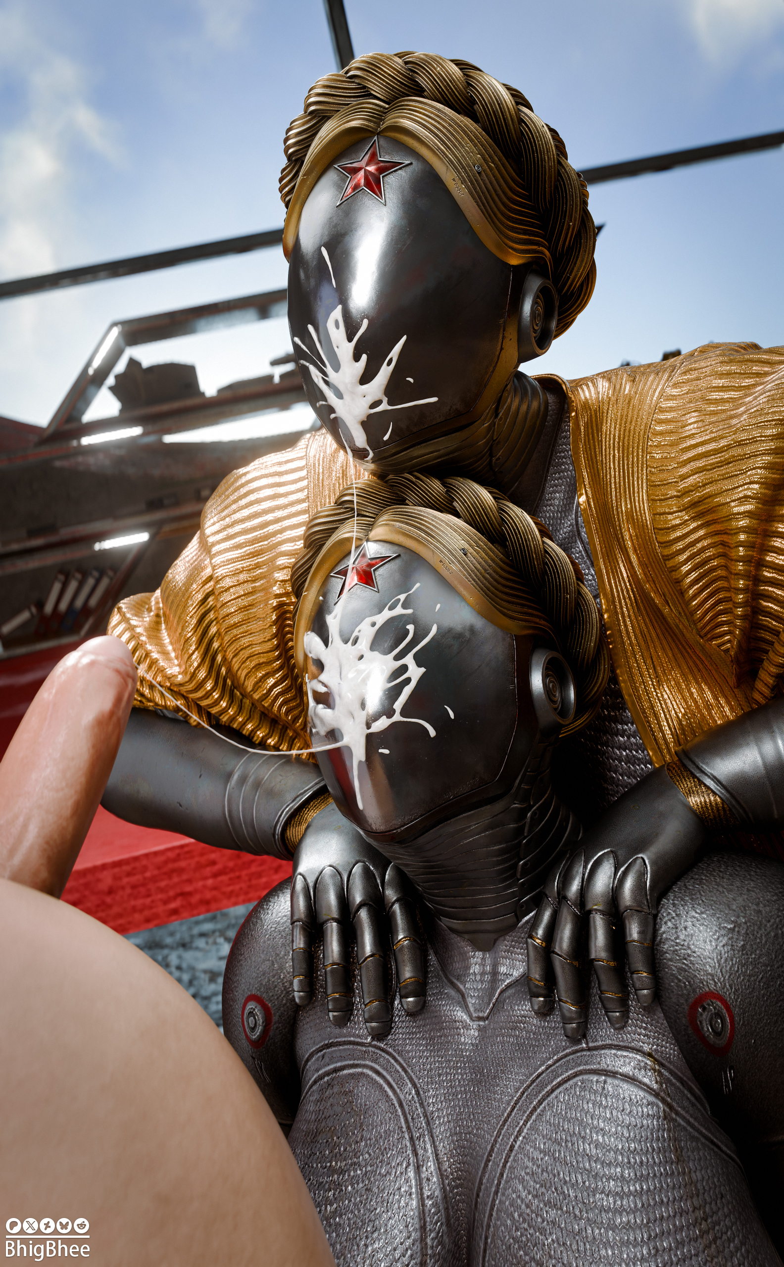, 1boy, 2girls, 3d, atomic heart, bhigbhee, cum on face, facial, left (atomic heart), right (atomic heart), robot, robot girl, robot humanoid, the twins (atomic heart)