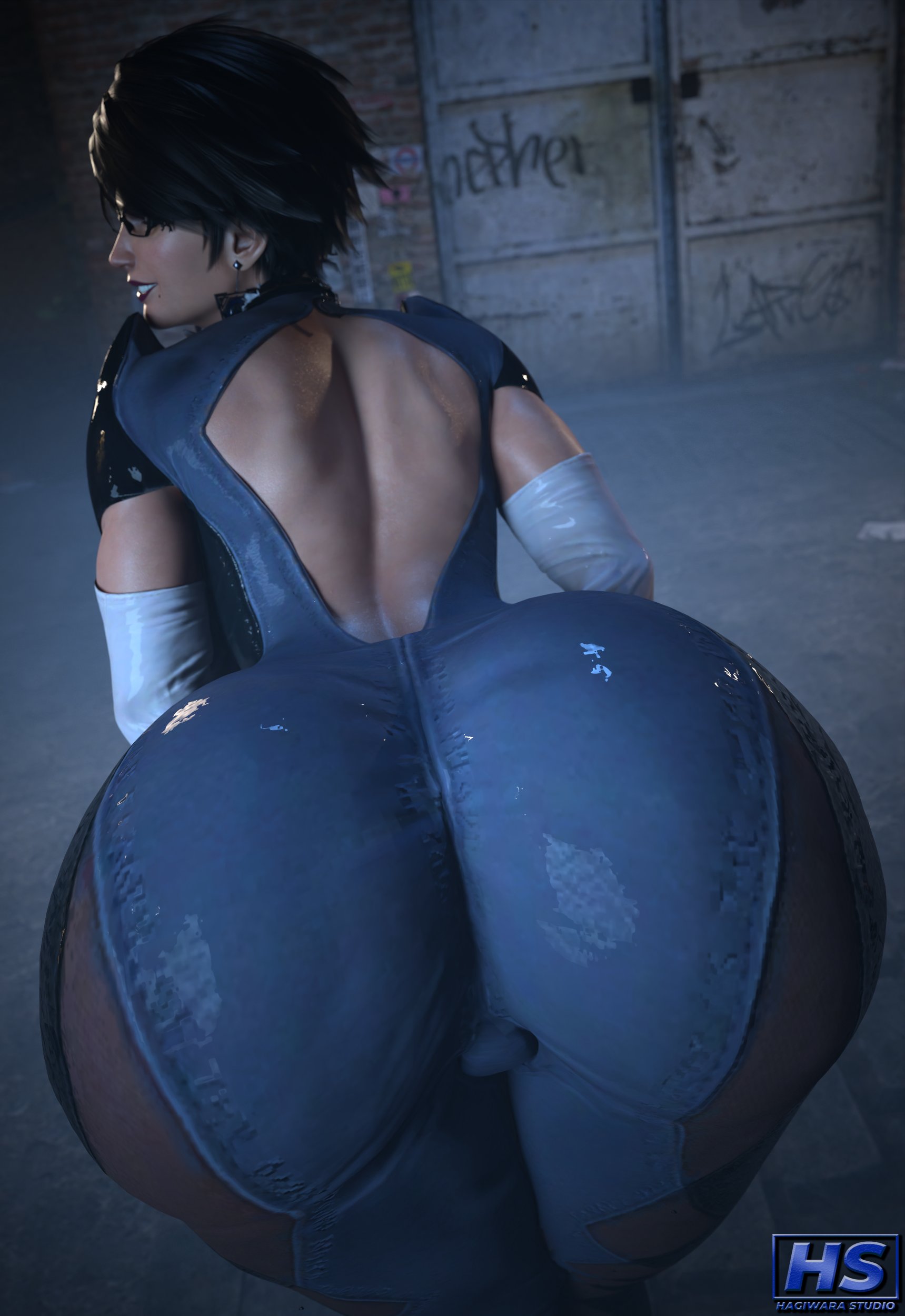 1girls, 3d, ass, bayonetta, bayonetta (character), bayonetta (series), black hair female, bubble butt, female, female only, hagiwara studio, massive butt, mature female, nintendo, sega, short hair female, showing ass, tight clothing