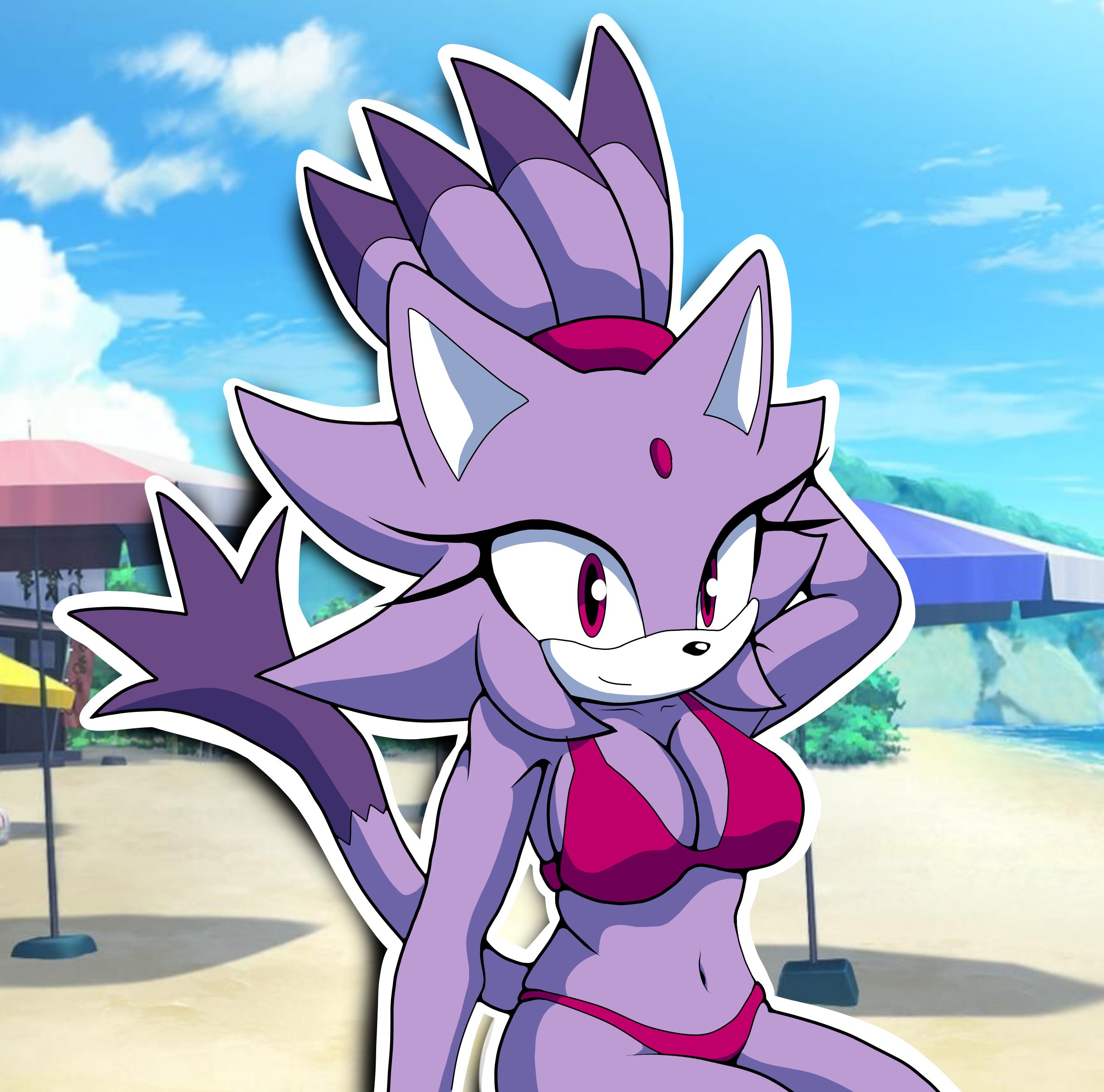 1girls, b00tleg, beach, bikini, bikini top, blaze the cat, blaze the cat (om), outcome memories, roblox, roblox game, sonic (series), sonic the hedgehog (series), tagme