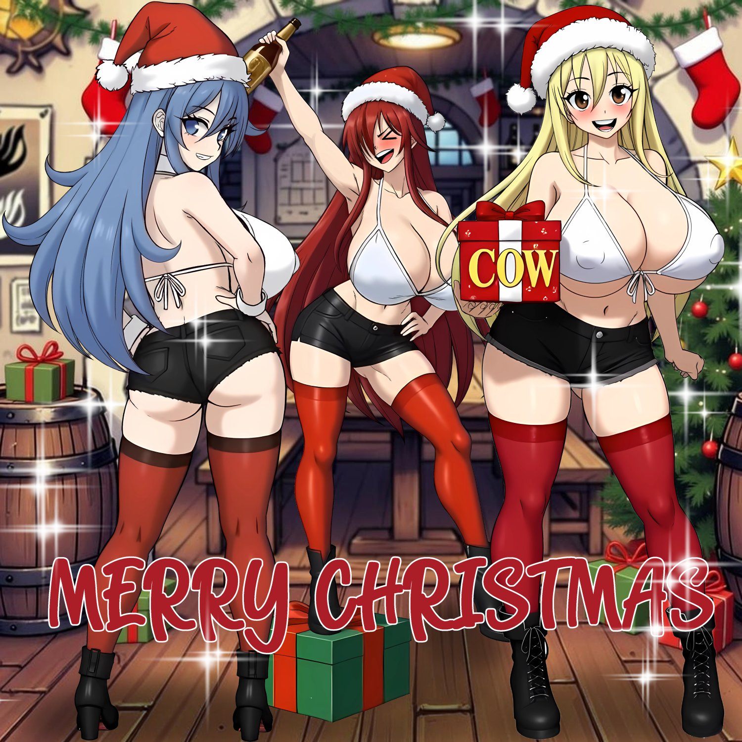3girls, big ass, big breasts, big butt, big thighs, blonde-haired female, blue-haired female, erza scarlet, fairy tail, gift, high heel boots, hotpants, huge ass, huge breasts, huge butt, huge nipples, huge thighs, juvia lockser, lucy heartfilia, minishorts, red-haired female, stockings, surprise party, white bra