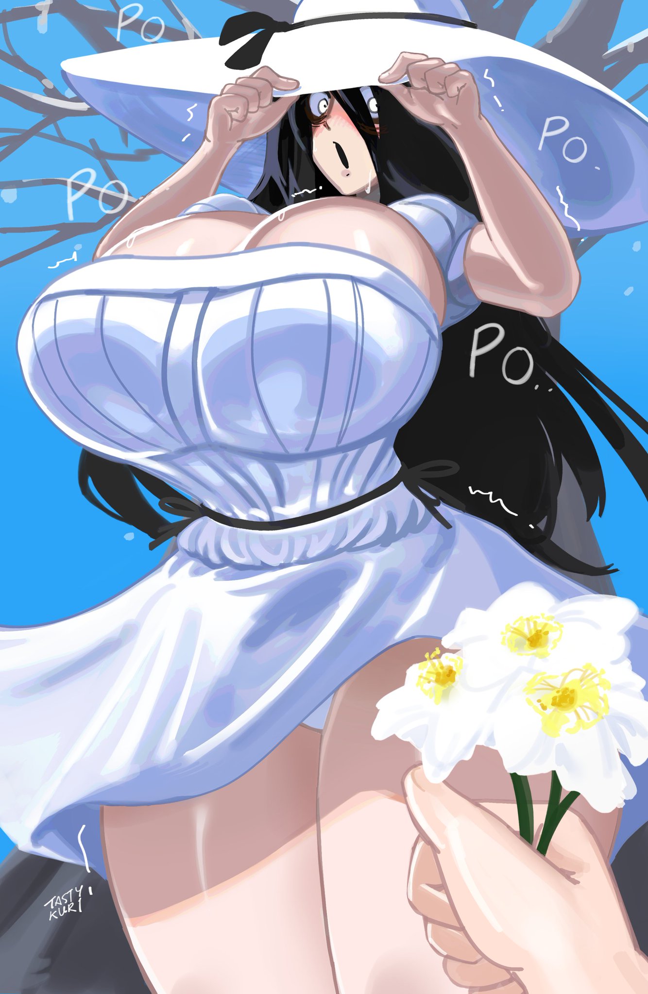 breasts bigger than head, confession, dress, hasshaku-sama, hourglass figure, japanese female, japanese mythology, large breasts, large thighs, nervous, nervous expression, panties, romance, tastykuri, thick thighs