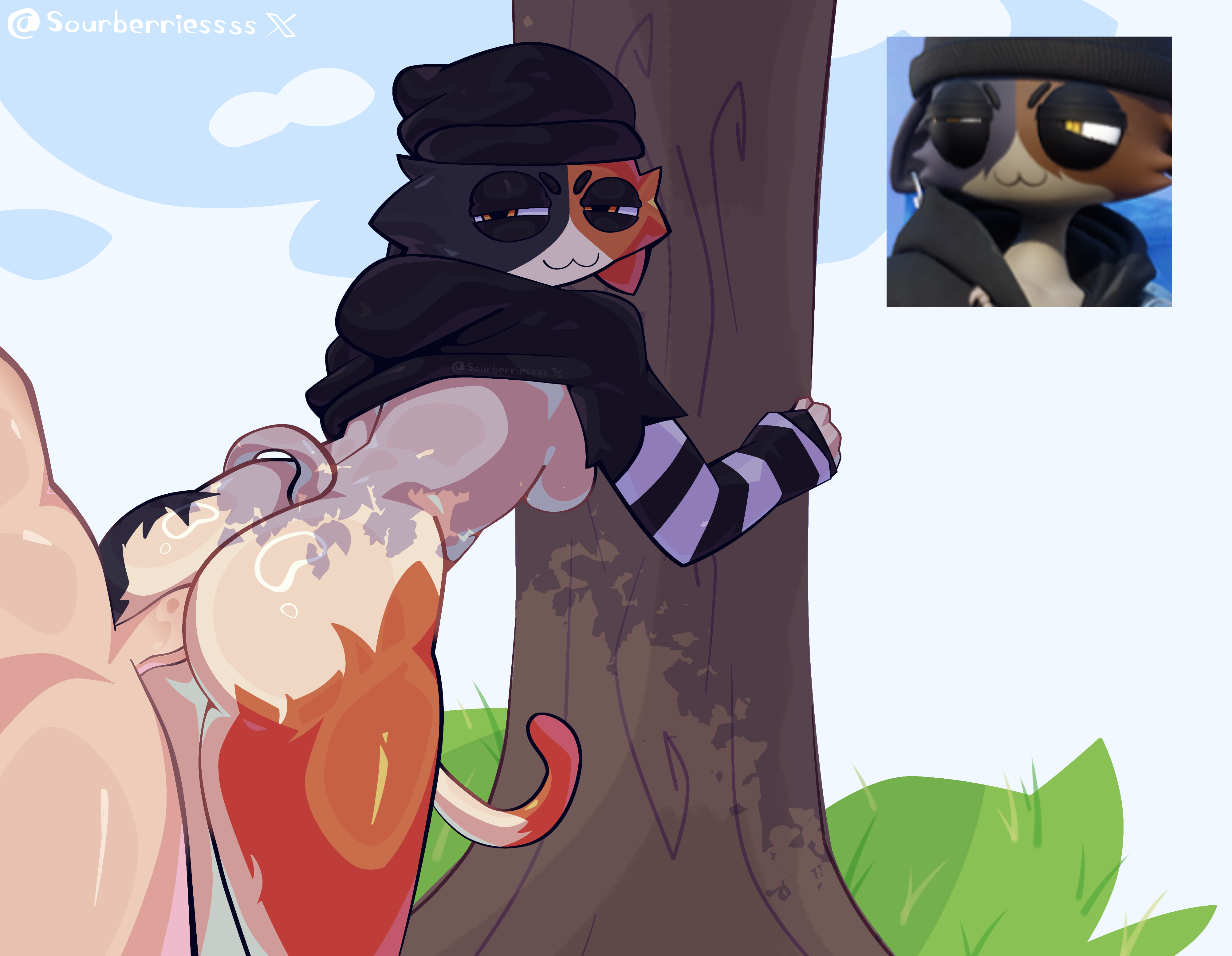 :3, 2d, 2d (artwork), 2d artwork, anthro, anthro on human, anthro penetrated, ass, ass cleavage, ass focus, bare ass, bare back, bare breasts, bare chest, bare legs, bare thighs, barefoot, beanie, beanie hat, big ass, big butt, big penis, big thighs, black fur, boobs, boobs focus, boobs out, bottomless, bottomless anthro, bottomless female, breast focus, breasts, breasts apart, breasts out, calico cat, calico cat humanoid, calico pattern, cat, cat ears, cat girl, cat humanoid, cat tail, catgirl, clouds, doggy position, doggy style, doggystyle, epic games, exhibitionism, exposed, exposed ass, exposed breasts, exposed penis, exposed torso, eyebrows, eyeliner, eyeshadow, female, female anthro, female focus, female penetrated, fortnite, fortnite: battle royale, from behind, from behind position, furry, furry ass, furry breasts, furry ears, furry female, furry tail, furry with non-furry, grass, half-closed eyes, hanging breasts, headwear, hoodie, hoodie lift, hoodie only, leaning, leaning against wall, leaning forward, leaning on object, long sleeves, looking at another, looking at partner, looking away, looking back, looking pleasured, male, male penetrating, male penetrating female, male/female, medium boobs, medium breasts, meow skulls, meow skulls (fortnite), naked, naked anthro, naked female, naked male, nude, nude anthro, nude female, nude male, orange fur, outdoor, outdoor nudity, outdoor sex, outdoors, outdoors nudity, outdoors sex, outside, penetration, penis, penis in pussy, penis out, petite, petite body, petite breasts, petite female, petite girl, petite tits, pressed against, sex, skinny, skinny female, slim, slim anthro, slim female, slim waist, small boobs, small breasts, smug, smug expression, smug eyes, smug face, smug grin, smug smile, sourberriessss, squint, squinted eyes, squinting, straight, straight sex, striped clothing, sweater, sweater lift, tail, thick, thick ass, thick butt, thick eyebrows, thick hips, thick legs, thick penis, thick thighs, toned, toned body, toned male, toned stomach, tree, vaginal, vaginal penetration, vaginal sex, video game character, video game franchise, video games, wet penis, white fur, yellow eyes