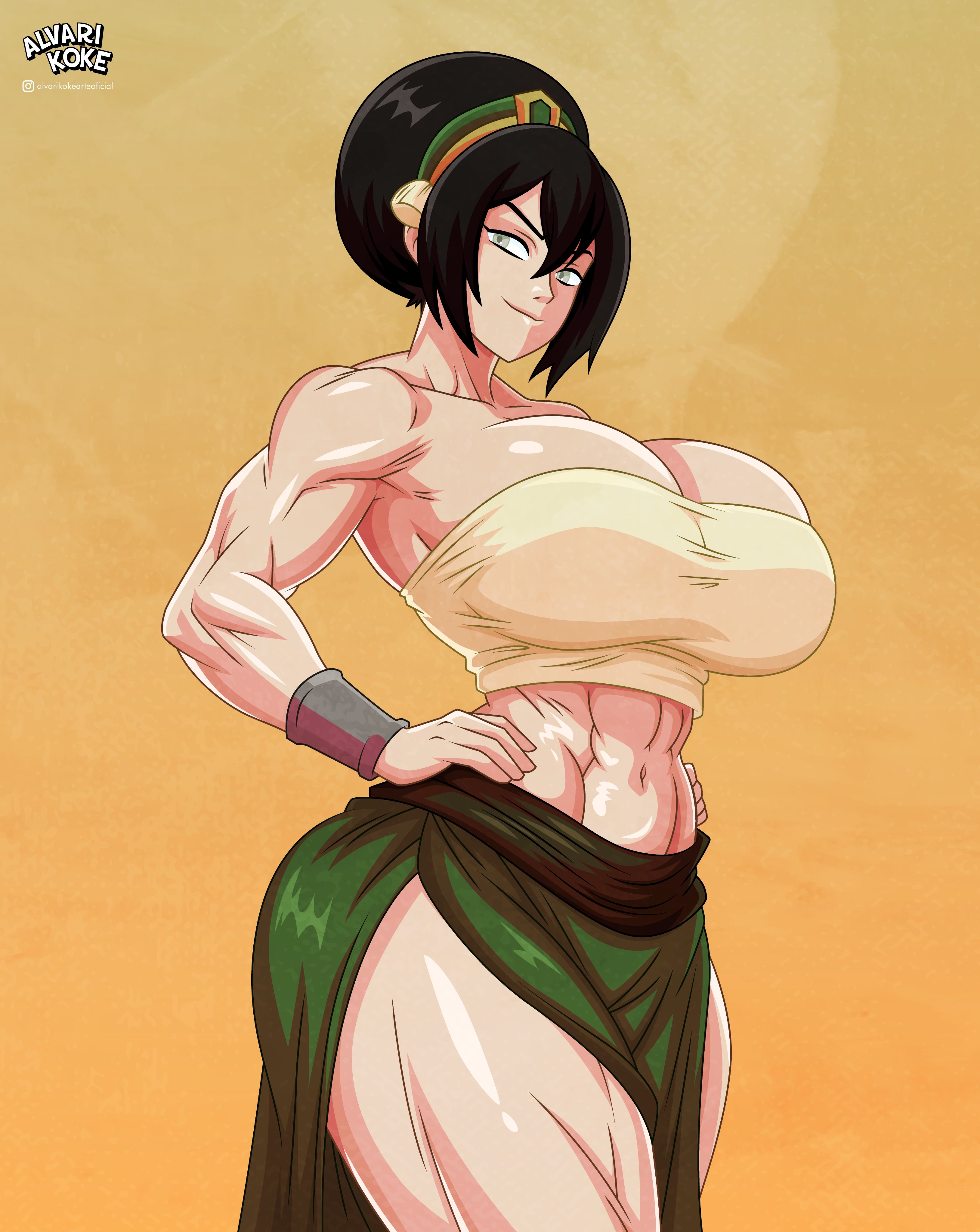 1girls, 2026, alternate version available, alvarikokearte, avatar the last airbender, big breasts, black hair, blind, blind eye, breasts, earth kingdom, female, jpeg, massive breasts, midriff, muscular, muscular arms, muscular female, nickelodeon, solo female, the legend of aang, thick thighs, toph bei fong