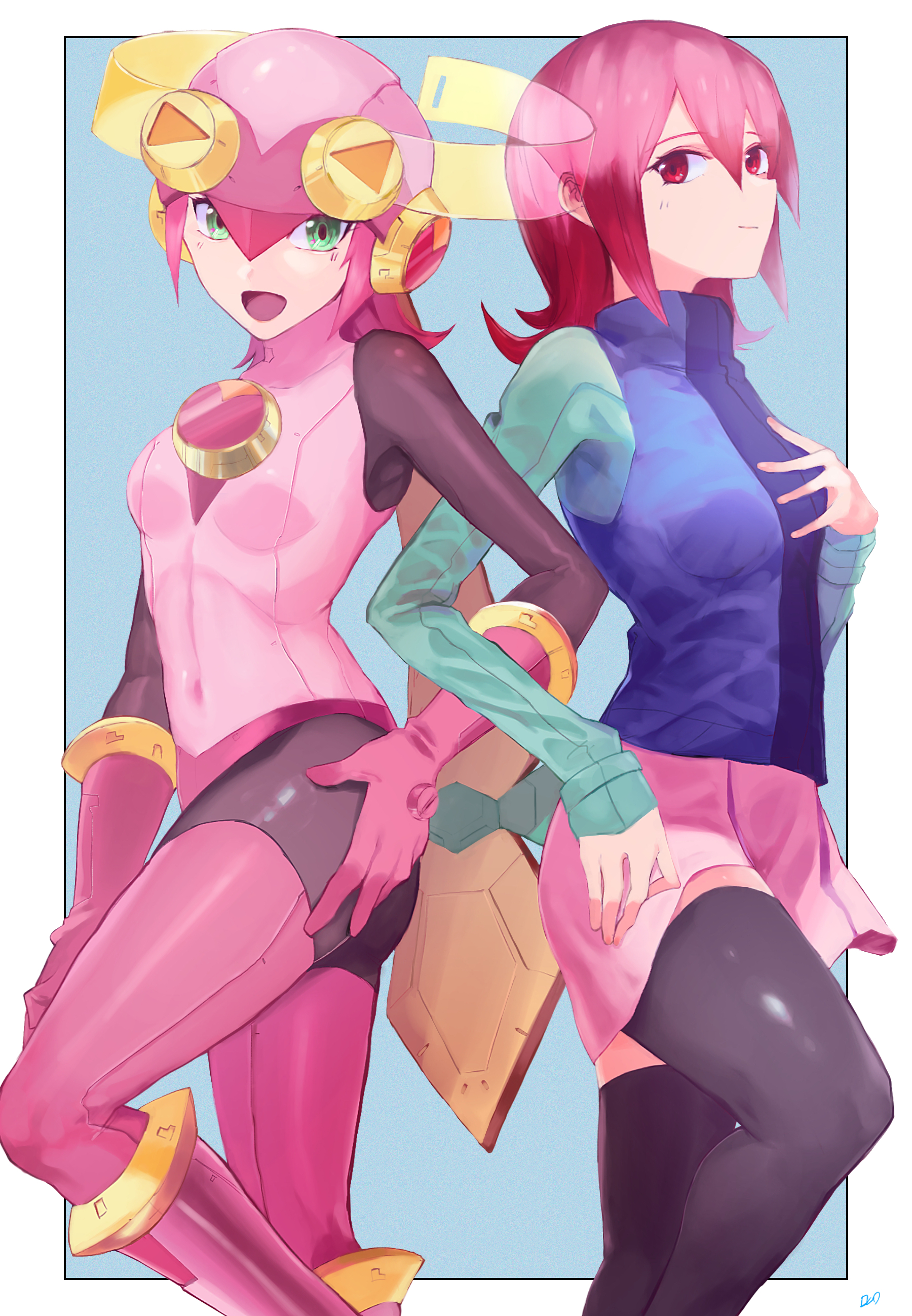 2021, 2girls, blue background, bodysuit, breasts, crossed arms, female, female only, green eyes, hi res, high resolution, highres, kataku musou, looking at viewer, mayl sakurai, mega man, mega man battle network, open mouth, pink eyes, pink hair, roll.exe, short hair, simple background, skirt, smile, stockings, suit, sweater, tagme, thighs