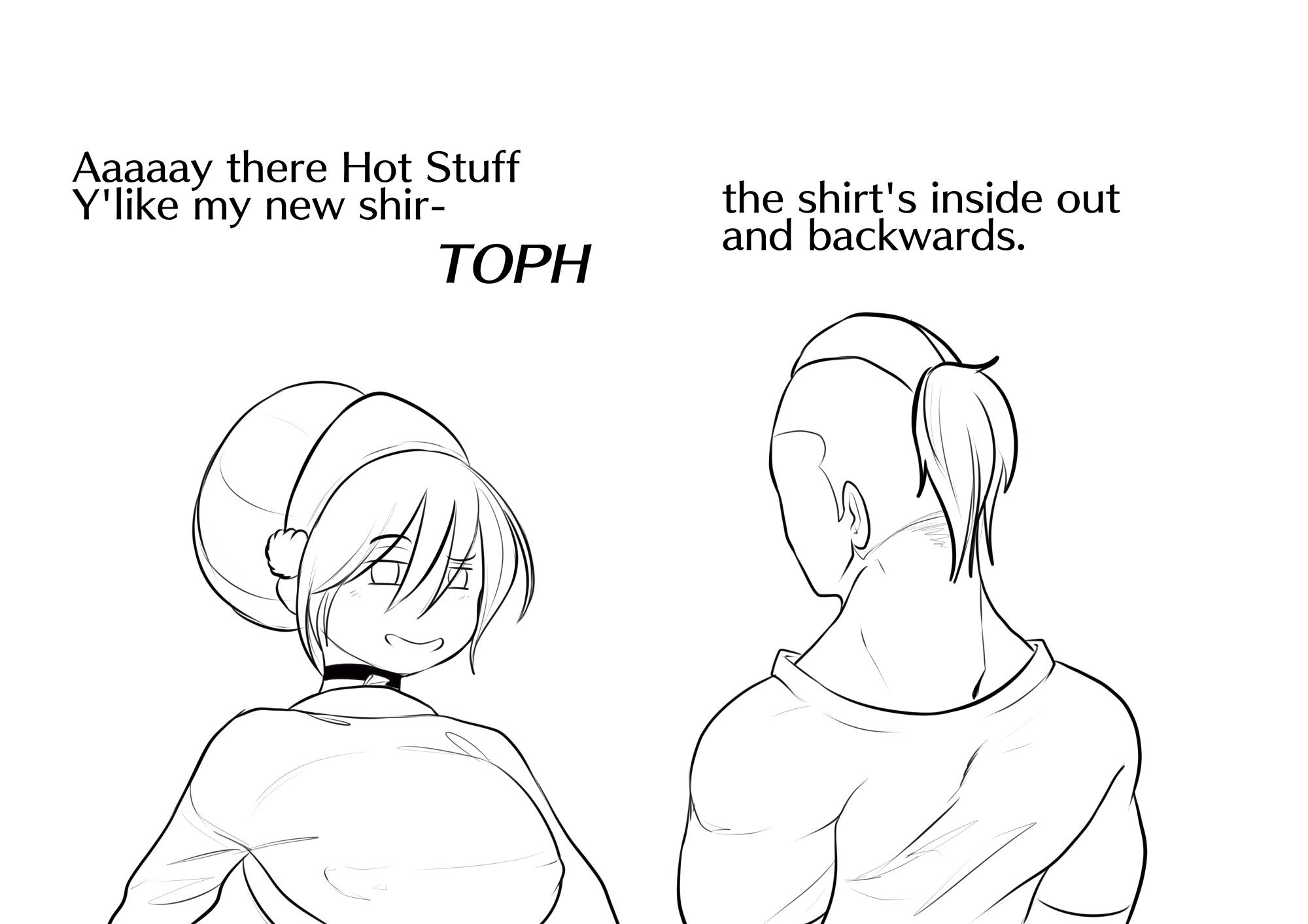 1boy, 1girls, avatar the last airbender, backwards, backwards clothing, black and white, clothed female, clothed male, collar, dialogue, hair bun, hair tied up, mr.russo, neck collar, sokka, the legend of aang, toph bei fong