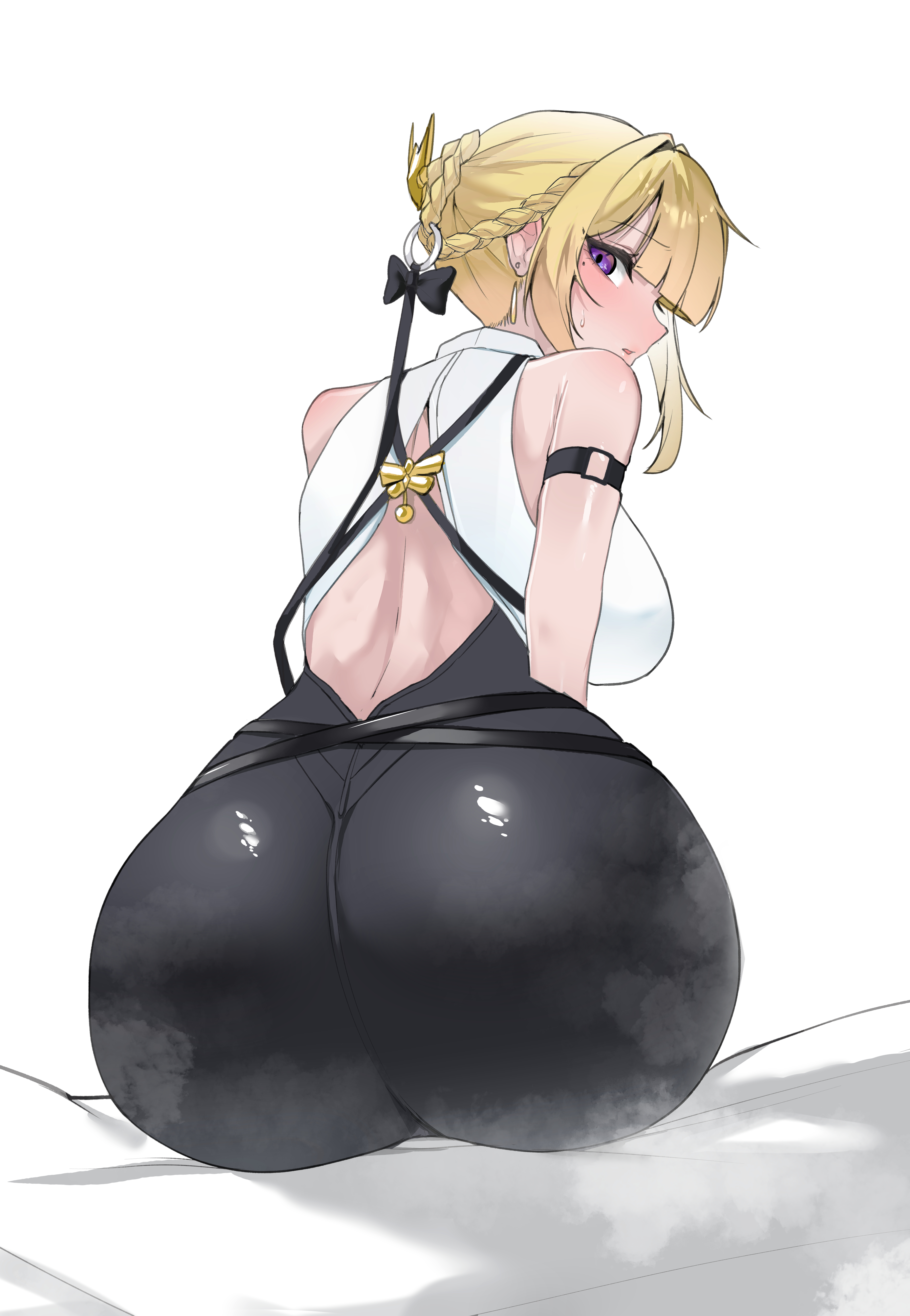 1girl, absurdres, ae (namg3888), arm strap, ass, ass focus, back, back cutout, bare shoulders, bed sheet, black bow, black pants, blonde hair, blush, bow, braid, breasts, clothing cutout, commentary request, earrings, evelyn chevalier, from behind, high-waist pants, highres, jewelry, korean commentary, large breasts, latex, latex pants, looking at viewer, looking back, mole, mole under eye, on bed, pants, purple eyes, shirt, simple background, solo, steam, tight clothes, tight pants, white background, white shirt, zenless zone zero