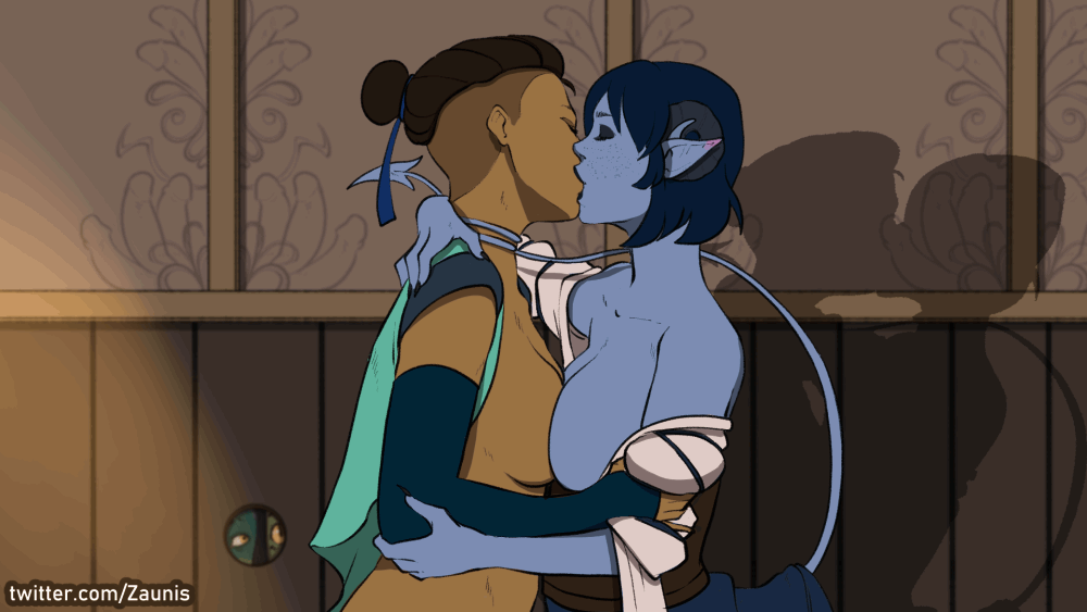 2girls, animated gif, beauregard lionett, blue-skinned female, critical role, critical role: the mighty nein, dark-skinned female, female only, fjord (critical role), french kissing, interspecies yuri, jester lavorre, nott the brave, yuri, zaunis