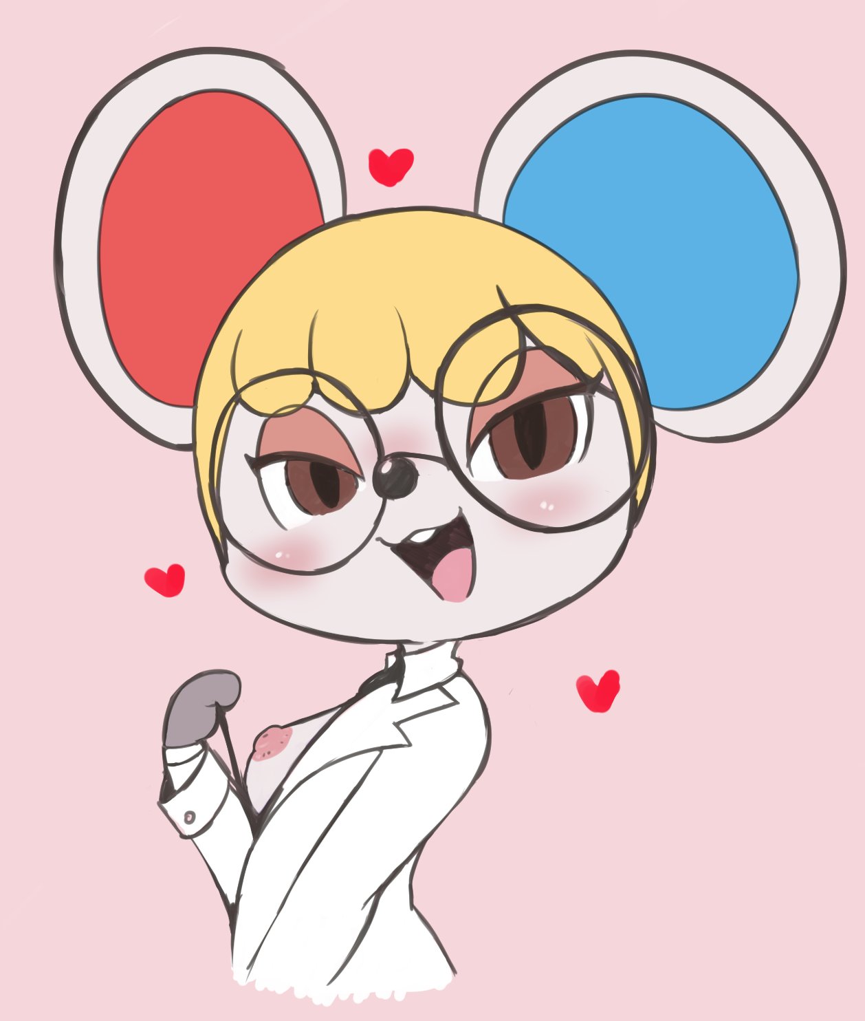 :3 animal_crossing anthro blue_inner_ear blush breasts clothing coat eyewear female glasses half-length_portrait heart hi_res lab_coat looking_at_viewer mammal mouse murid murine nintendo nipples open_mouth petri_(animal_crossing) portrait red_inner_ear rodent solo topwear video_games vono