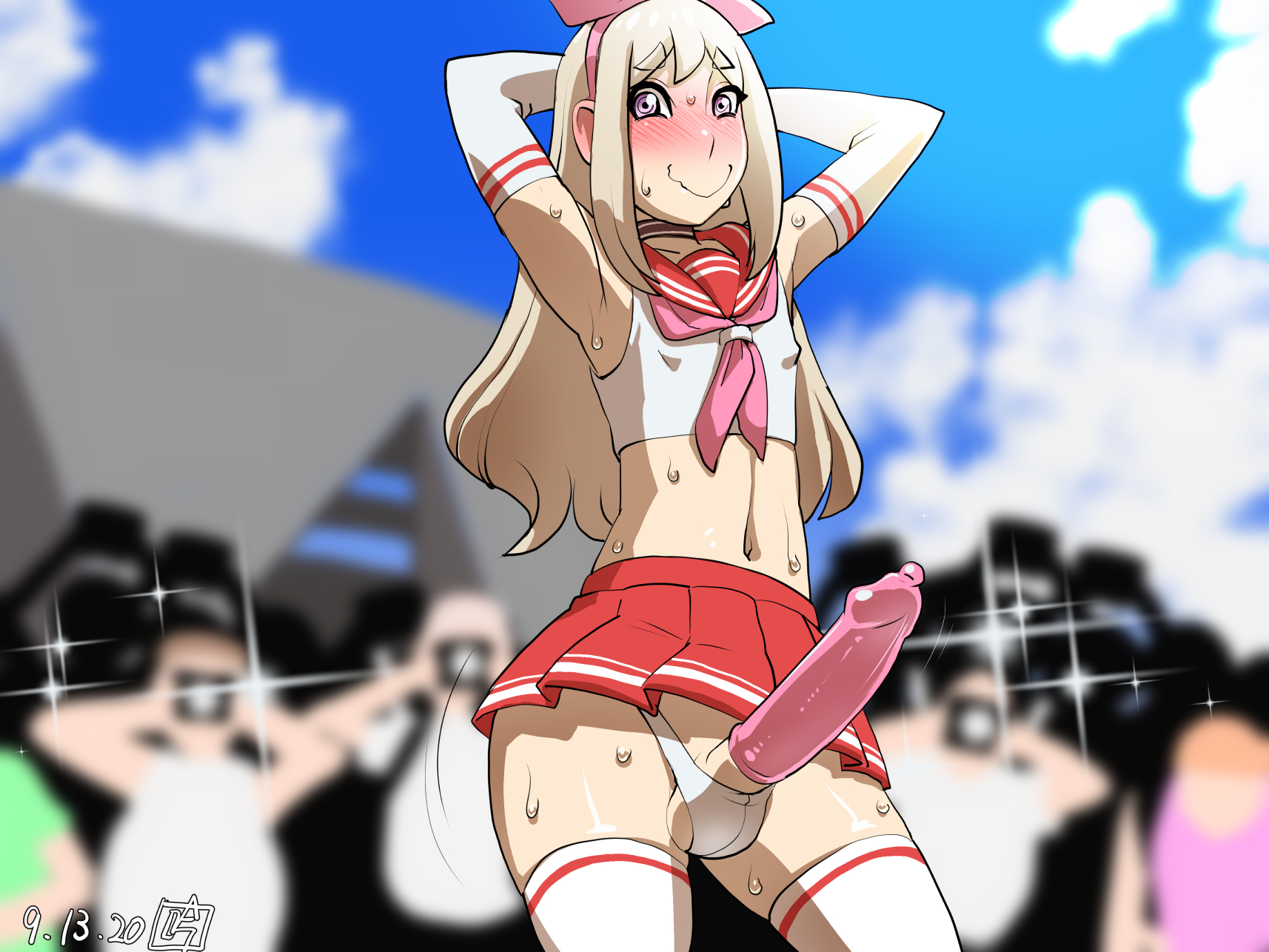 1boy, arms behind head, armwear, balls, balls in panties, blonde hair, blonde-haired male, blush, bottomwear, clothing, condom, crossdressing, crossdressing male, doomcomic, erection, exhibitionism, eyebrows visible through hair, femboy, feminine male, huge cock, hung trap, legwear, long hair, long-haired male, male, original, penguindou, penis, penis under skirt, pleated skirt, serafuku, skirt, solo focus, sweat, topwear, trap, underwear