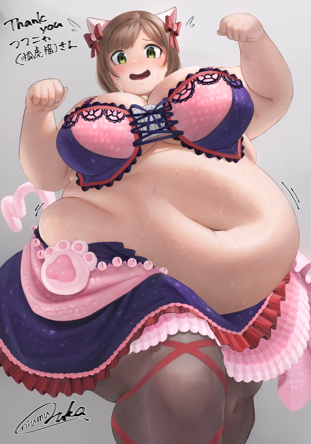 1girls, bbw, belly, belly overhang, big belly, big breasts, breasts, brown hair, cat ears, cat girl, catgirl, chubby, chubby female, fat, fat female, female, female focus, green eyes, grey background, hips, large belly, large breasts, oruka (kamituki0827), overweight, overweight female, short hair, simple background, solo, solo female, solo focus, sweat, sweating, watermark, wide hips