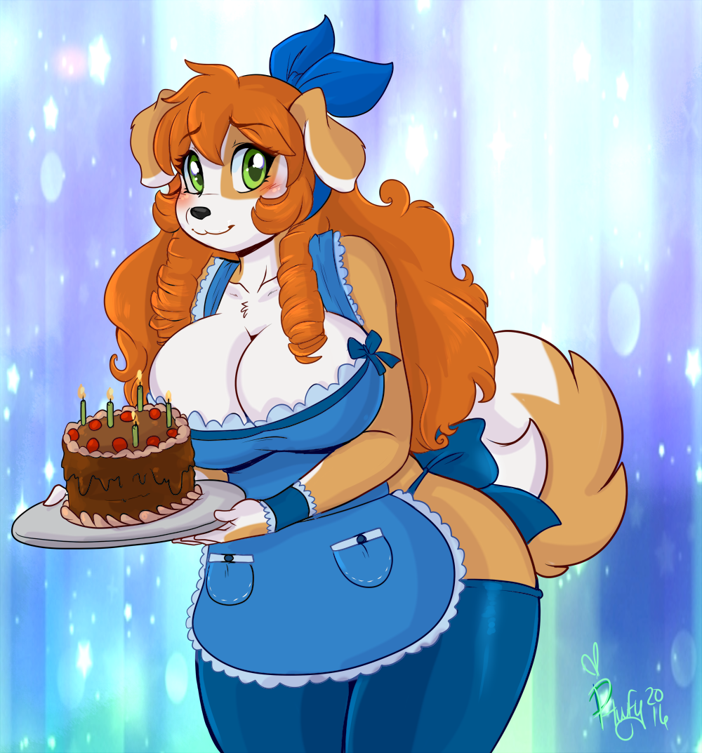 1girls :3 animal_ears anthro anthro_only anthrofied apron bare_shoulders big_breasts black_nose blue_apron blue_ribbon blush breasts cake cleavage clothed clothes clothing dog_ears female female_only fully_clothed furry furry_only green_eyes hair_ribbon hips holding_object huge_breasts humanoid kibbles kibbles_(uberquest) large_breasts long_hair looking_at_viewer no_humans orange_hair phuufy ribbon solo solo_female solo_focus tail thick thick_thighs thighs two_tone_fur uberquest voluptuous webcomic webcomic_character wide_hips