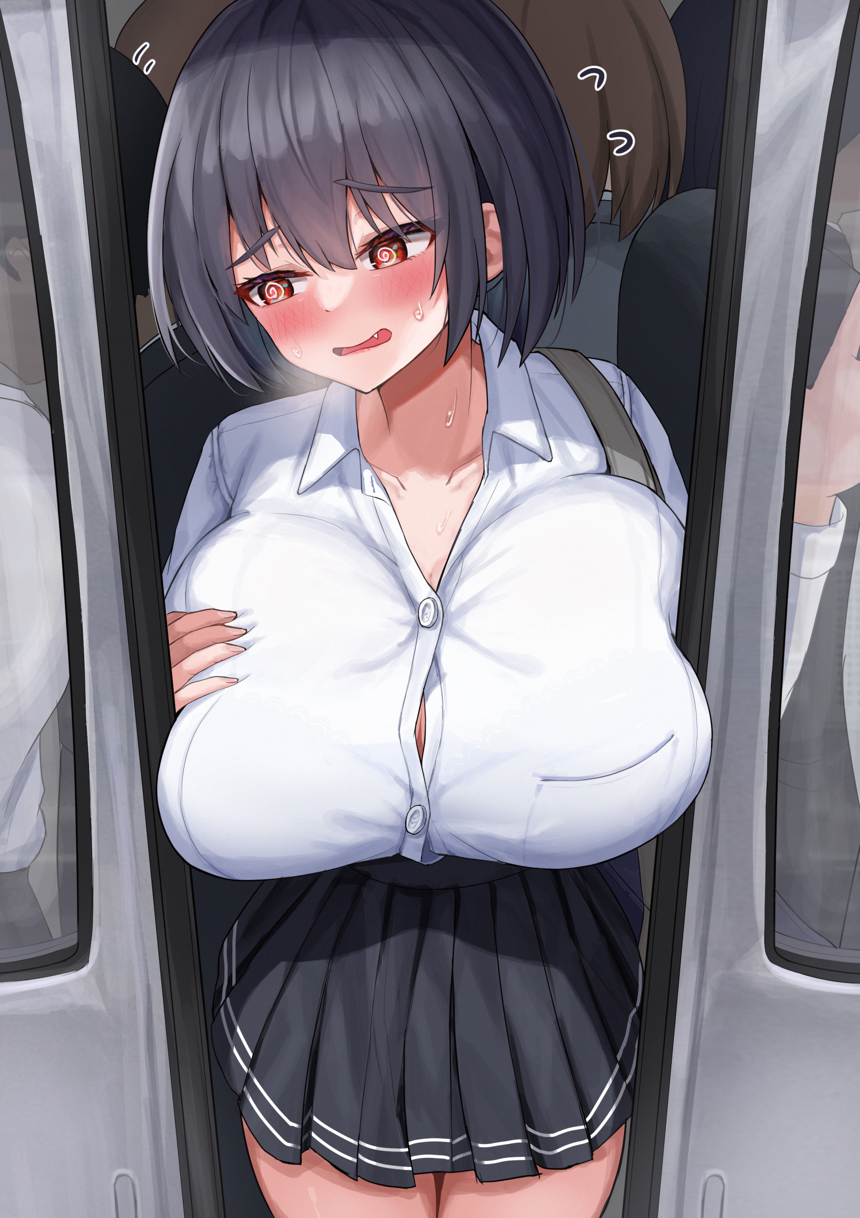 @ @, 1girls, 2021, big breasts, blush, breast squeeze, breasts, dark hair, female, hi res, high resolution, highres, huge breasts, inconvenient breasts, iro (boo iro), looking away, open mouth, original, red eyes, school uniform, shirt, short hair, skirt, sweat, thick thighs, thighhighs, train