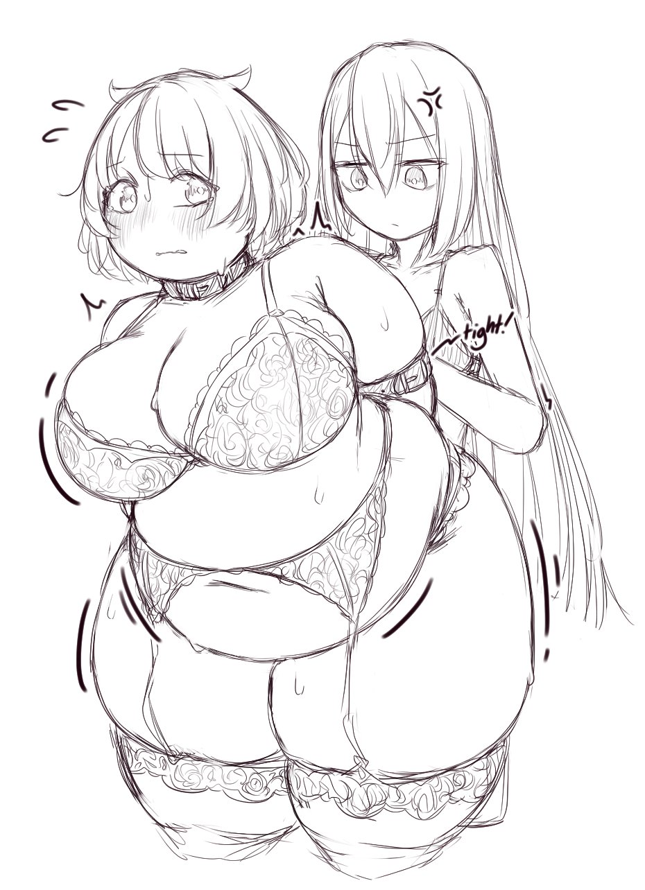 2girls alina_gray azusa_mifuyu bbw belly belly_overhang big_belly big_breasts breasts chubby chubby_female cleavage fat female_focus female_only garter_belt garter_straps hips lingerie magia_record:_mahou_shoujo_madoka_magica_gaiden mahou_shoujo_madoka_magica orristerioso puella_magi_madoka_magica skinny_girl thick_thighs thighs tight_fit underwear wide_hips