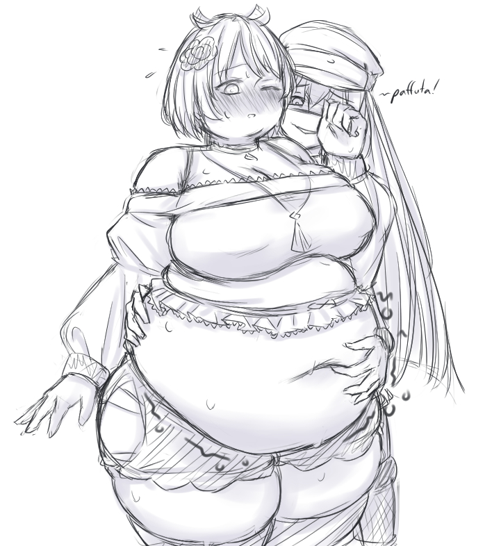 2girls alina_gray azusa_mifuyu bbw belly belly_overhang big_belly big_breasts breasts chubby chubby_female fat female female_focus female_only hips magia_record:_mahou_shoujo_madoka_magica_gaiden mahou_shoujo_madoka_magica nipple_bulge orristerioso puella_magi_madoka_magica teasing thick_thighs thighhighs thighs wide_hips