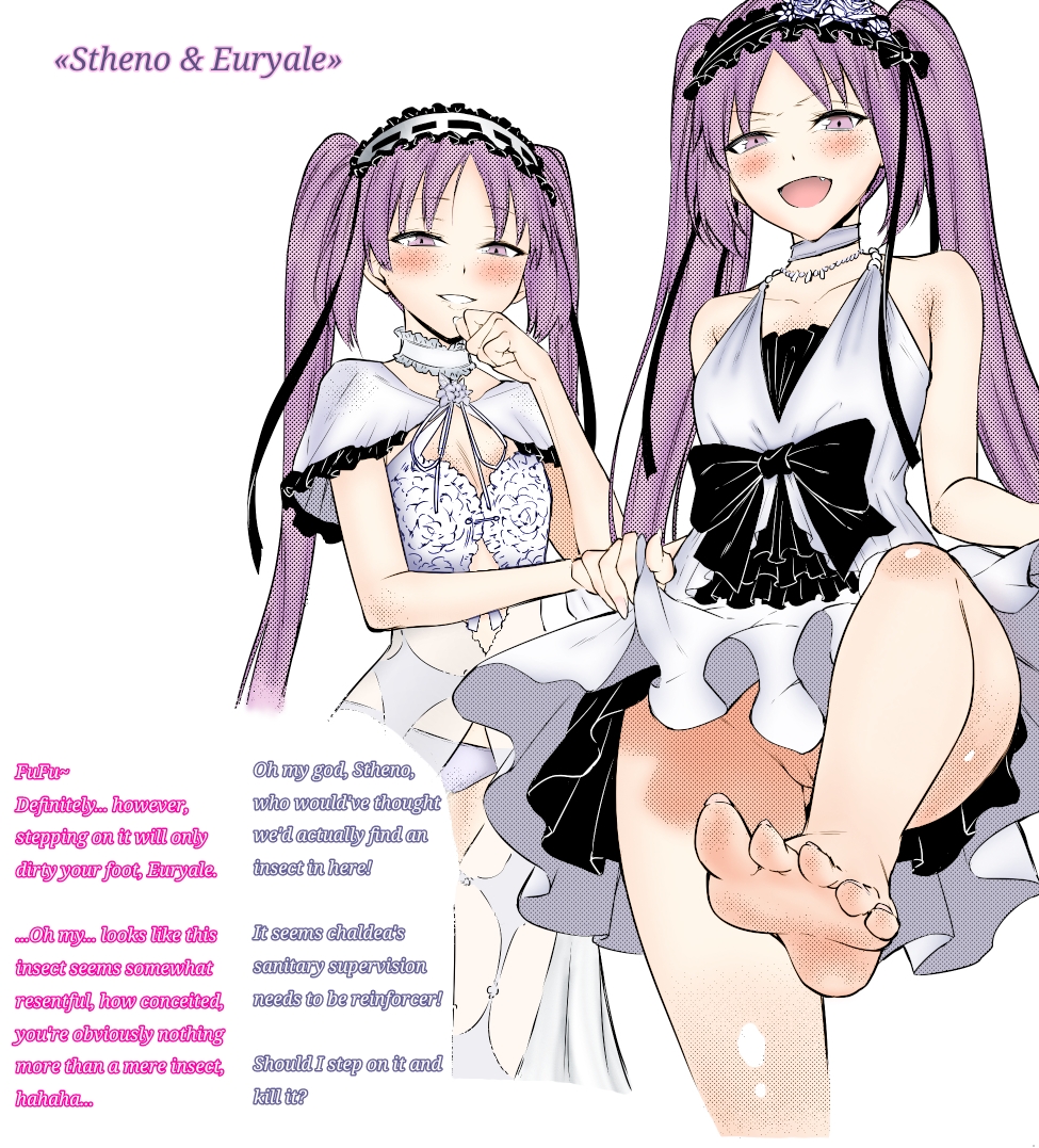 2girls artist_request barefoot blush bullying clothing_lift english_text euryale euryale_(fate) eyebrows_visible_through_hair fate/grand_order fate_(series) feet femdom hairband leg_up long_hair looking_at_viewer multiple_girls no_panties purple_eyes purple_hair pussy see-through_clothing siblings sisters skirt skirt_lift small_breasts smile soles stheno stheno_(fate) text toenails toes twins twintails white_background