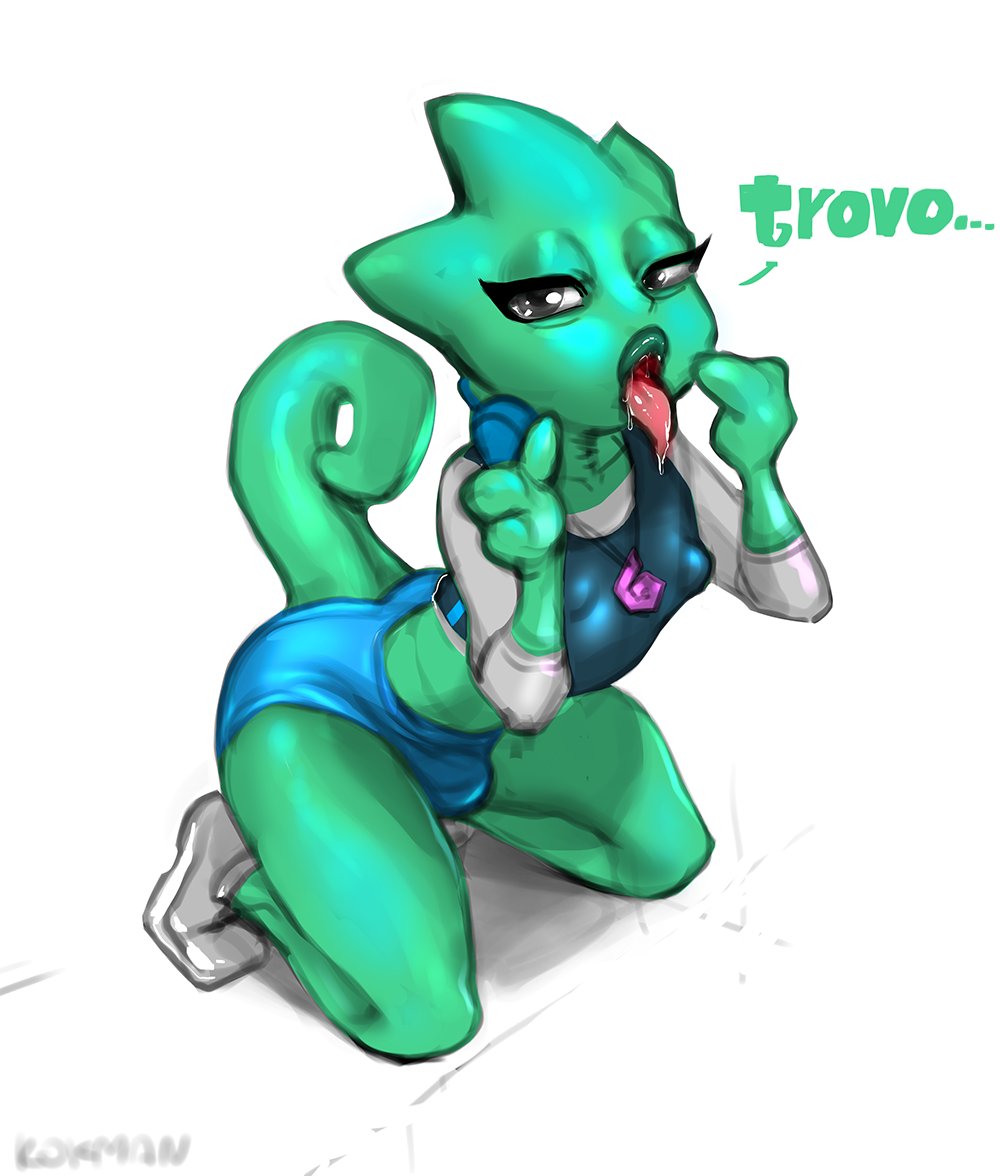 1boy, 2d, 2d (artwork), chameleon, color, colored, femboy, kneeling, kokman, male, male only, open mouth, reptile, reptile humanoid, reptilian, shorts, solo, tail, trovo