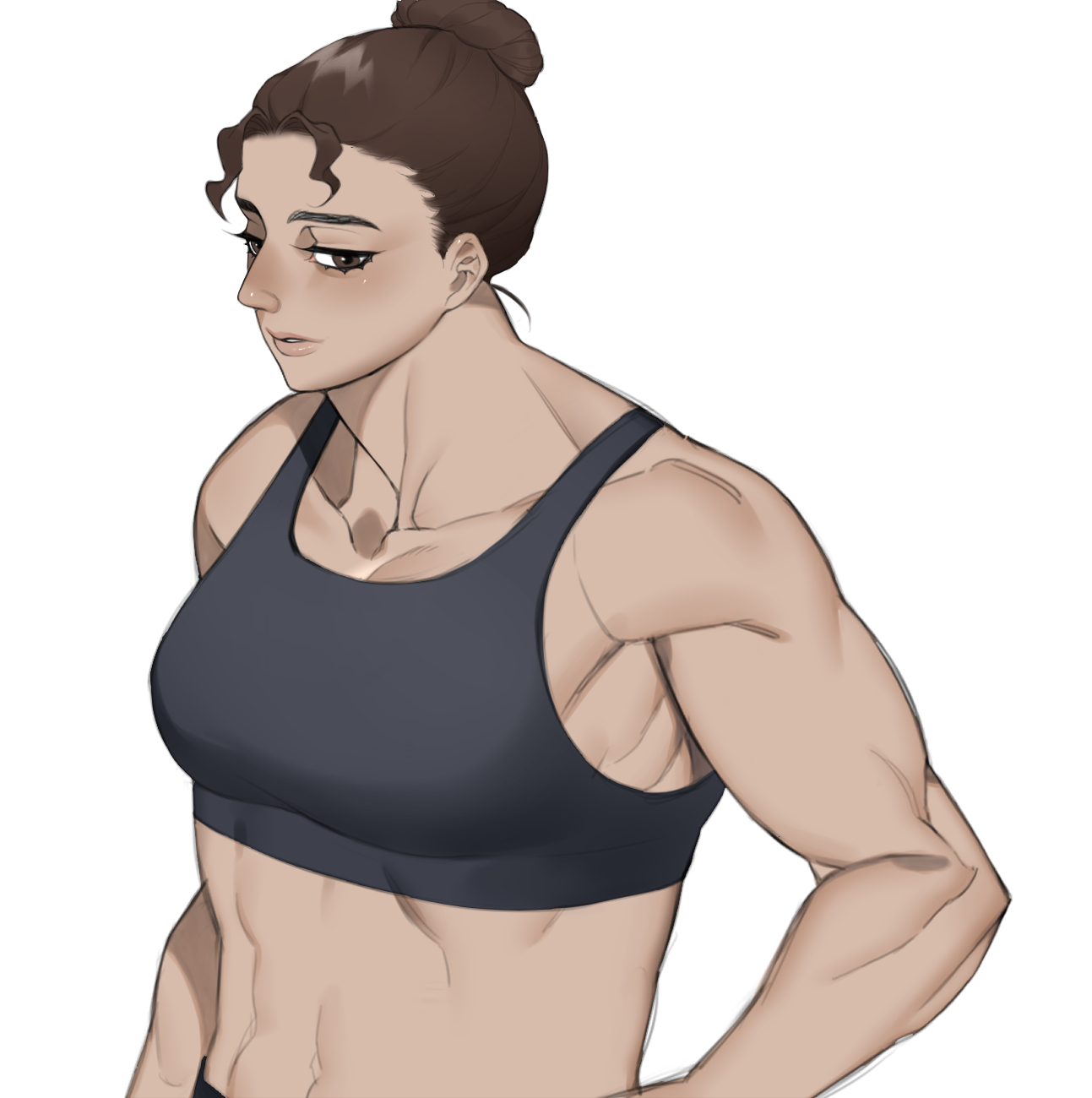 1girls, abs, artist request, blush, brown eyes, brown hair, disney, encanto, female, female only, gym clothes, latina, light skin, light-skinned female, luisa madrigal, muscles, muscular, muscular female, navel, sports bra