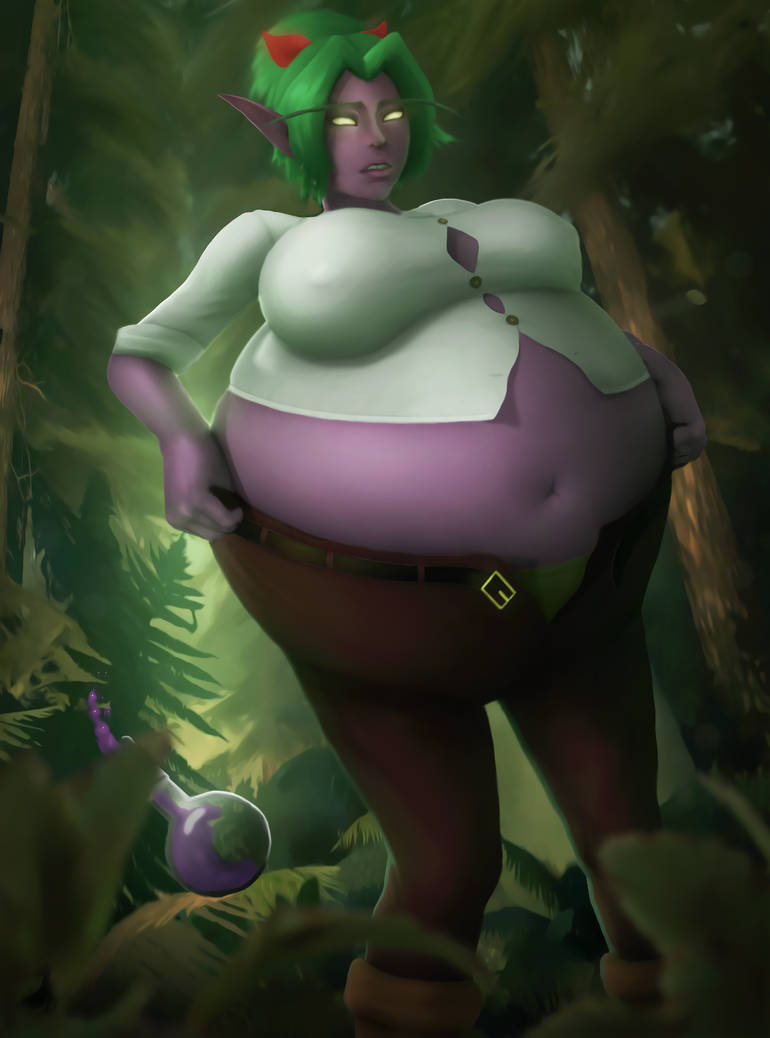 1girls belly_expansion belly_inflation breast_expansion elf elf_ears female female_only forest full_body_inflation green_hair inflation naleyna pointy_ears potion puffy_nipples purple_skin raikovjaba ready_to_pop solo tight_clothing yellow_eyes