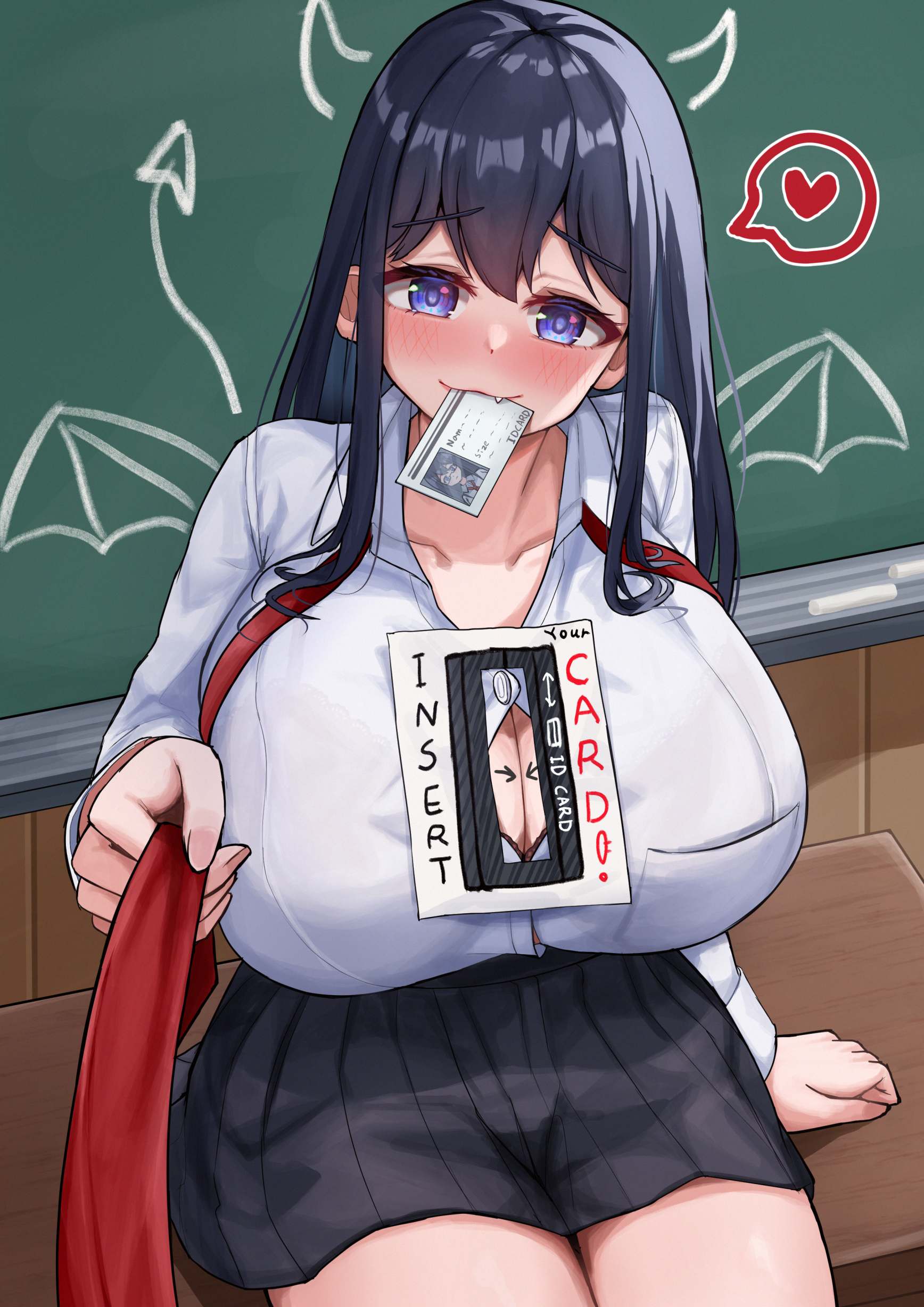 1girls, 2021, blue eyes, blush, breasts, classroom, dark hair, demon horns, demon tail, female, female only, heart, highres, horns, huge breasts, id card, iro (boo iro), large breasts, long hair, looking at viewer, object in mouth, original, school uniform, schoolgirl, shirt, sitting, sitting on desk, skirt, smile, tagme, tail, thick thighs, thighs, wings