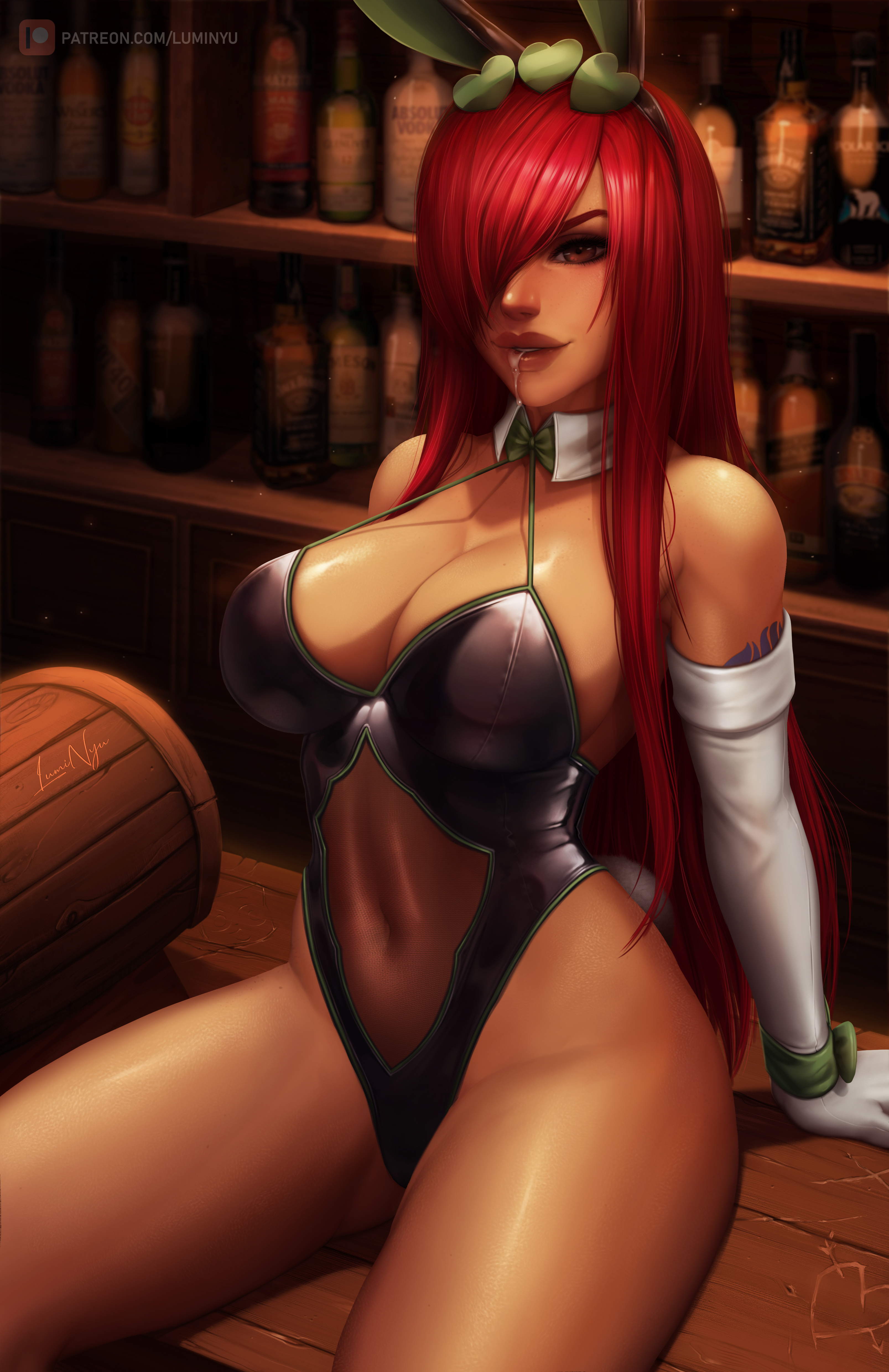 1girls, abs, arm tattoo, ass, big ass, big breasts, big butt, blue tattoo, bodysuit, breasts, bunny ear, bunny ears, bunny girl, bunny tail, bunnysuit, cleavage, cum, cum in mouth, erza scarlet, fairy tail, fairy tail mark, female, female focus, female only, hair, hair over one eye, high resolution, highres, hips, large breasts, long hair, looking at viewer, luminyu, navel, rabbit ears, rabbit tail, red hair, red-haired female, ribbon, sitting, smile, solo, solo female, solo focus, tattoo, thick thighs, thighs, very long hair, white skin, wood