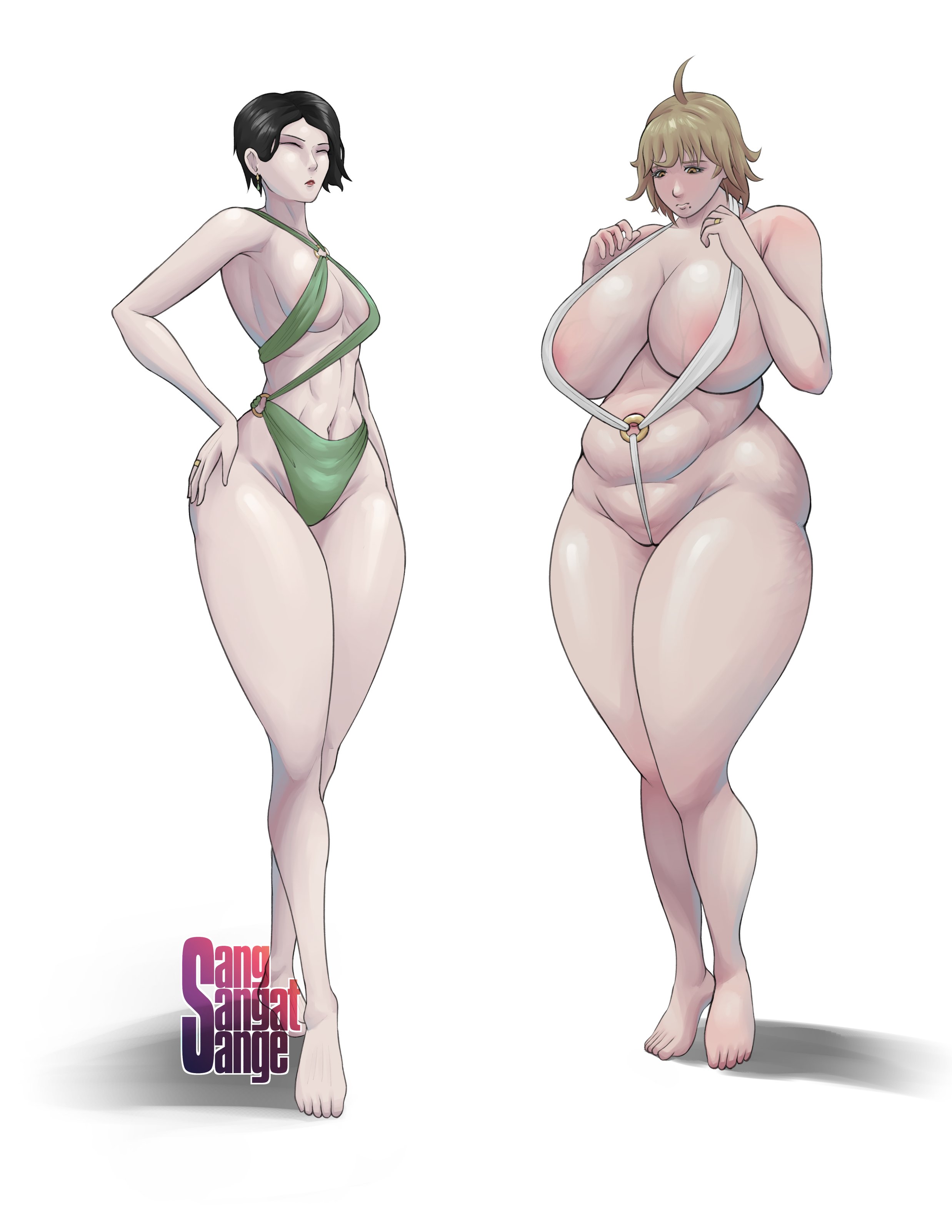 2girls, areola slip, artist logo, asian, asian female, athletic, athletic female, black hair, blonde hair, breasts, cellulite, chubby, chubby female, female, frontal wedgie, huge breasts, mature, mature female, milf, one-piece swimsuit, original, plump, sangsangatsange, simple background, stretch marks, swimsuit, twitter link, veiny breasts