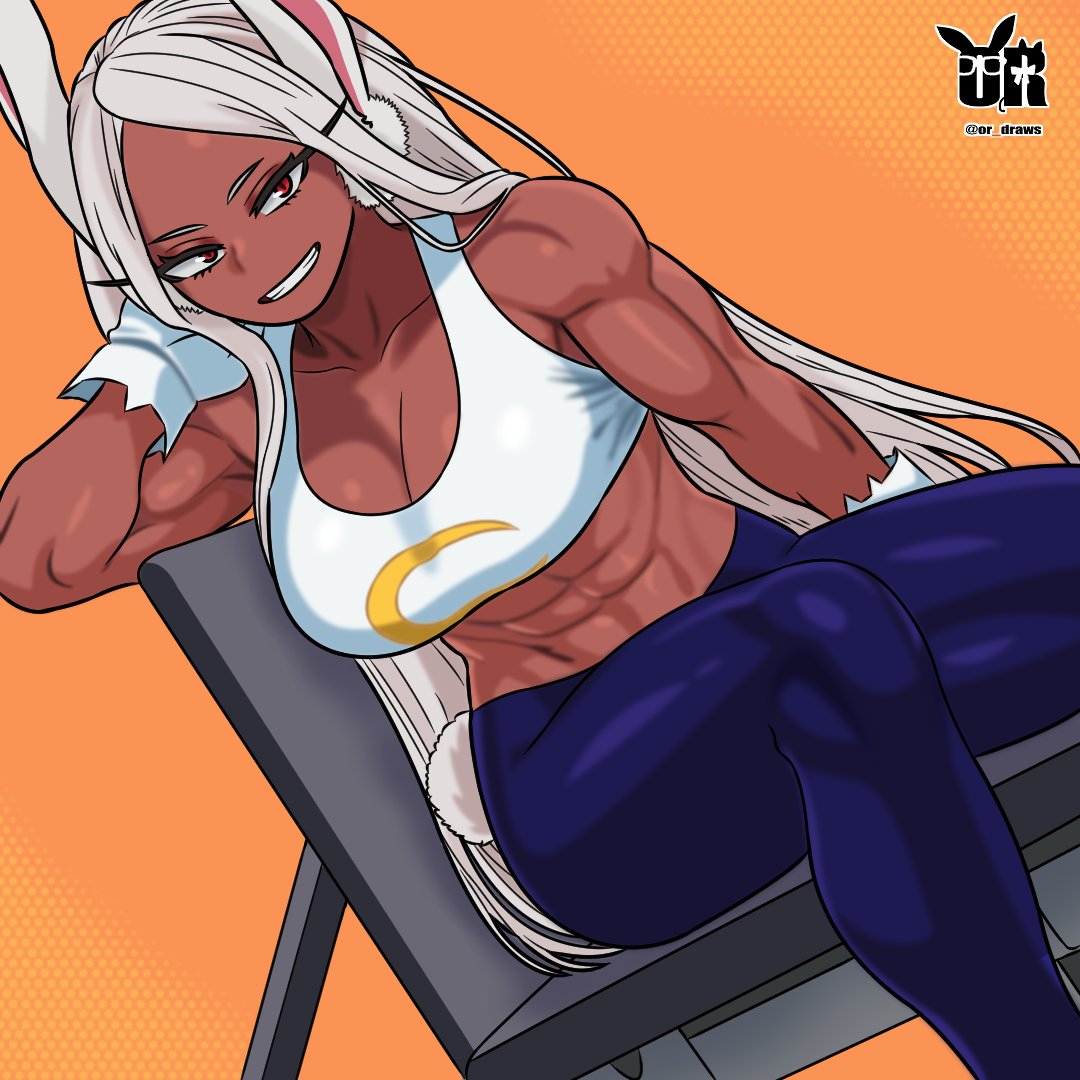 ass, big ass, big breasts, big butt, big thighs, big titties, boku no hero academia, breasts, brown skin, bunny, bunny ears, bunny girl, clothing, curvaceous, curvaceous female, curvaceous figure, curvy, curvy figure, curvy hips, dark skin, dark-skinned female, female, female focus, female only, gym, gym clothing, long hair, looking at viewer, mirko, miruko, my hero academia, or draws, red eyes, rumi usagiyama, strong, strong female, usagiyama rumi, white hair