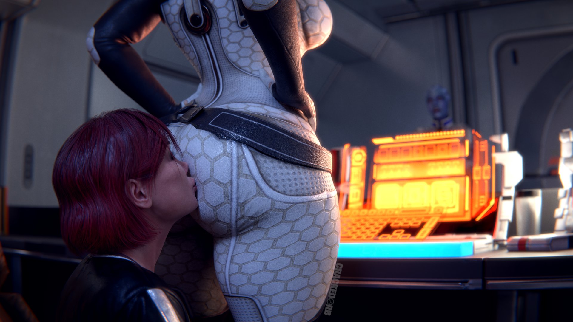 3d, 3girls, ass, background character, big ass, bodysuit, bubble ass, bubble butt, commander shepard, crackedorb, duo focus, female, female only, femshep, huge ass, kissing, kissing ass, mass effect, miranda lawson, red hair, yuri