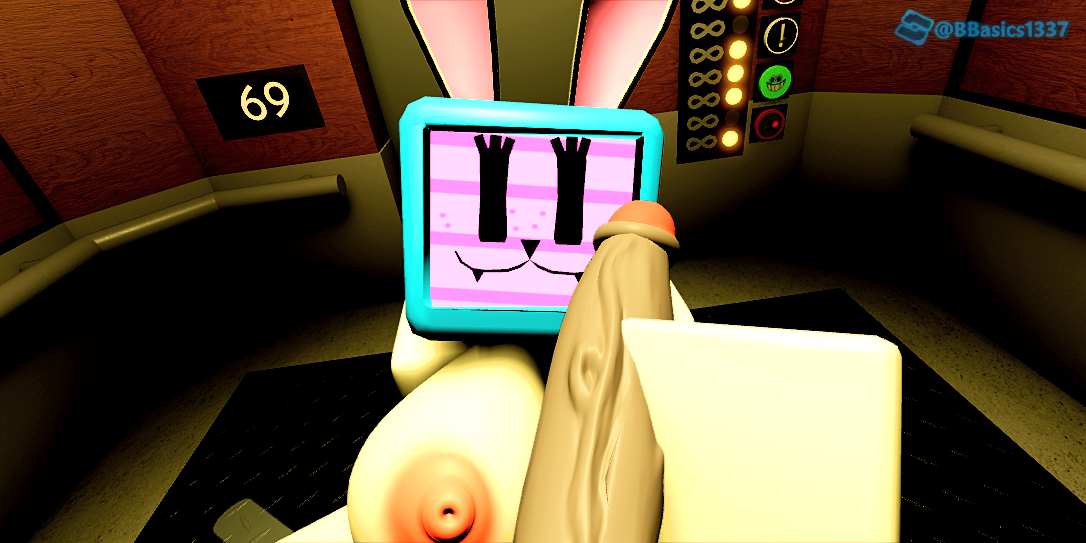 1boy, 1girls, 3d, big breasts, breasts, elevator, female, grey penis, ktiiejiju (artist), male, melanie (regretevator), nipples, penis, pose, regretevator, roblox, roblox game, robloxian, tagme, tv, tv head, watermark, white body