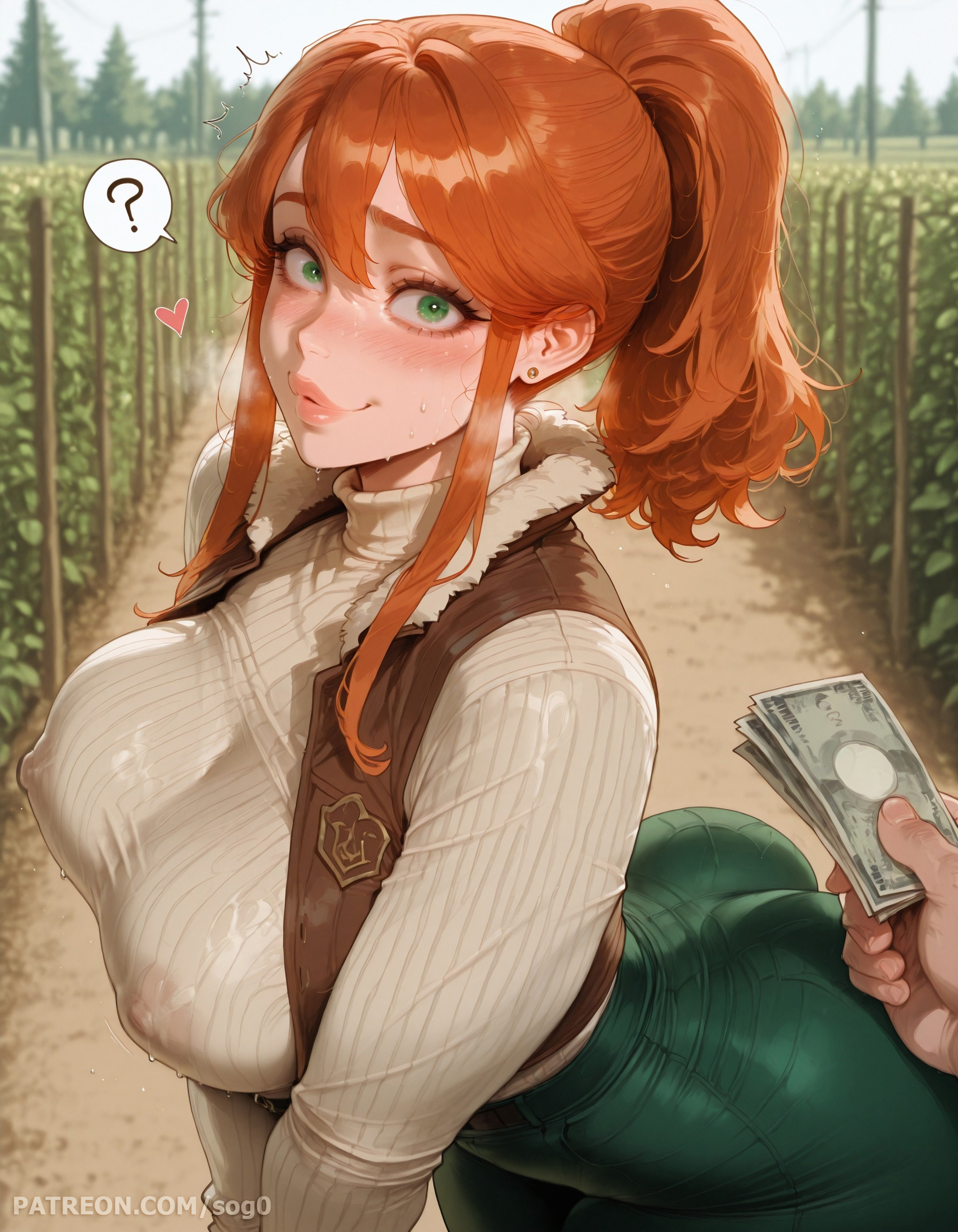 ?, 1boy, 1girls, ai generated, alternate body type, ass, bent over, big ass, big breasts, blouse, blush, breasts, cheating, cheating wife, confused, constricted pupils, curvy, curvy figure, female, flushed, flushed face, ginger hair, green eyes, heavy breathing, large ass, legs, legs together, light skin, light-skinned female, light-skinned male, long hair, looking at viewer, loving gaze, male, mature female, milf, money, nipples visible through clothing, ntr, orange hair, pants, parted lips, patreon, pov, pressing breasts together, prostitution, robin (stardew valley), shocked, sogo, stardew valley, sweat, sweatdrop, vest, voluptuous, voluptuous female, wide eyed, wide hips