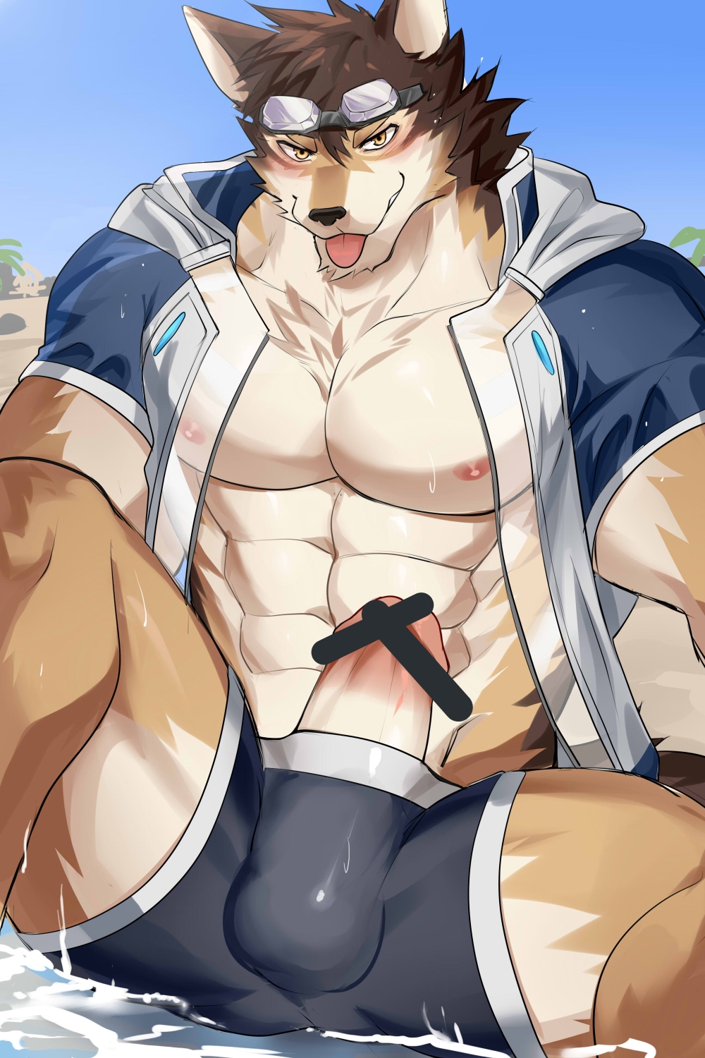 1boy :p abs animal_ears ao_(chung0u0) bar_censor bara bare_pectorals barrel_(live_a_hero) beige_fur blush brown_fur bulge censored clothing_aside dog_boy dog_ears dog_tail erection feet_out_of_frame furry furry_male goggles goggles_on_head grey_male_swimwear highres large_pectorals live-a-hero looking_at_viewer male_focus male_only muscular muscular_male navel nipples official_alternate_costume open_clothes open_shirt orange_fur pectorals reward_available seductive_smile see-through short_hair sitting smile solo stomach swimsuit swimsuit_aside tail thick_thighs thighs tongue tongue_out