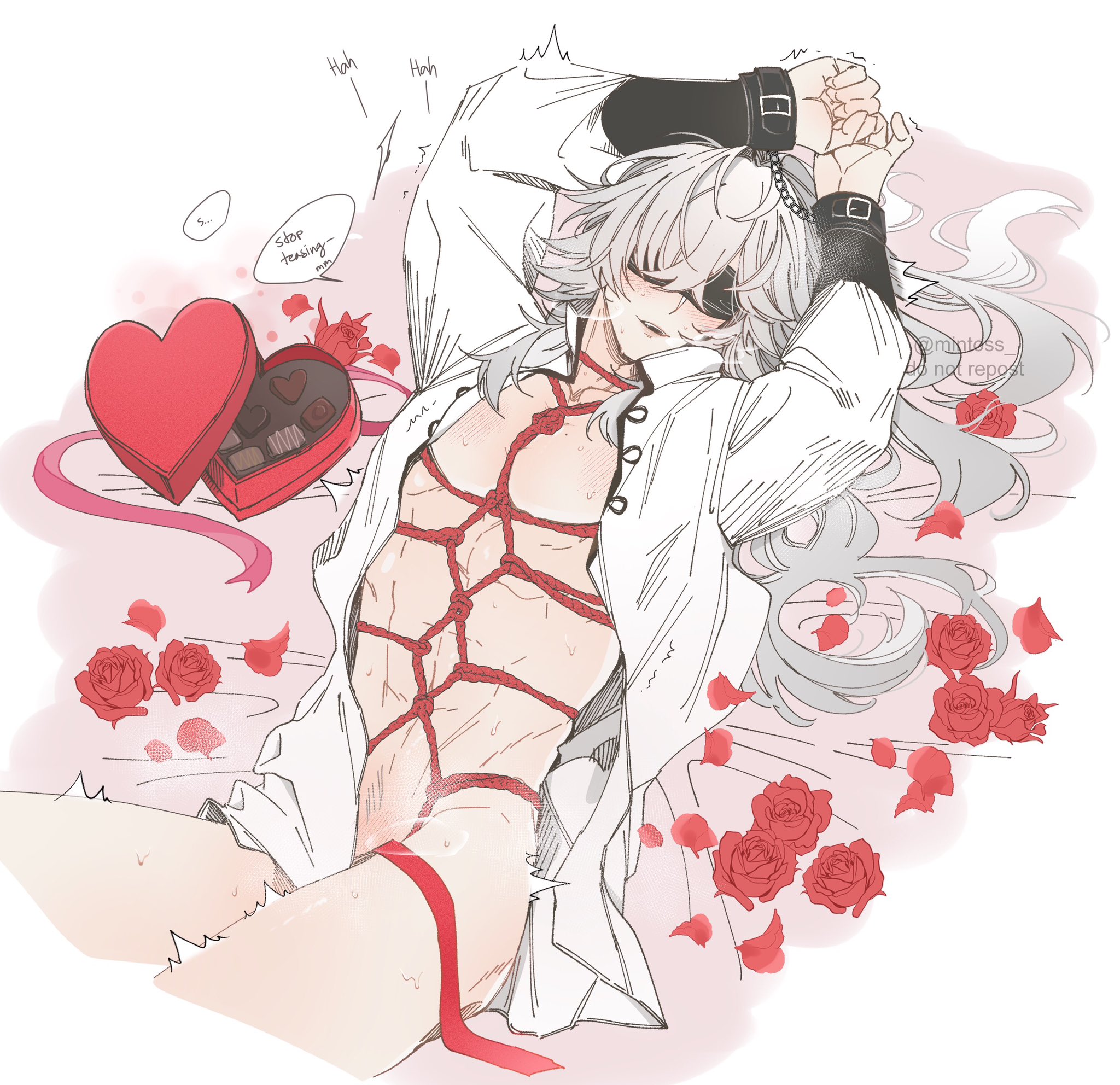 blindfold, blindfolded, blush, bondage, bound wrists, box of chocolates, chest exposed, chocolate, exposed chest, exposed torso, grey hair, honkai: star rail, hoyoverse, jing yuan, long hair, male, male only, messy hair, muscles, muscular, muscular male, nude, nude male, ribbon, ribbons, rose, rose petals, roses on bed, shake lines, shaking, smile, smiling, sweat, sweating, tease, teasing, wrist cuffs