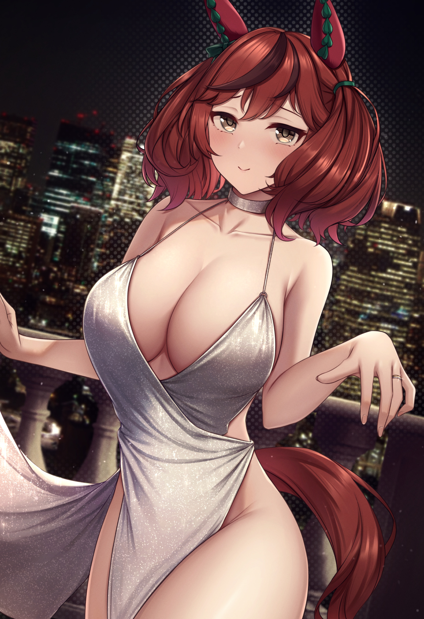 1girls, 2021, animal ears, bangs, bare shoulders, blush, breasts, brown eyes, city background, cityscape, cleavage, closed mouth, collarbone, cowboy shot, dress, female, female focus, female only, highres, horse ears, horse girl, horse tail, jewelry, large breasts, looking at viewer, medium hair, nice nature (umamusume), paintcan, red hair, ring, smile, solo, solo female, tail, thighs, umamusume
